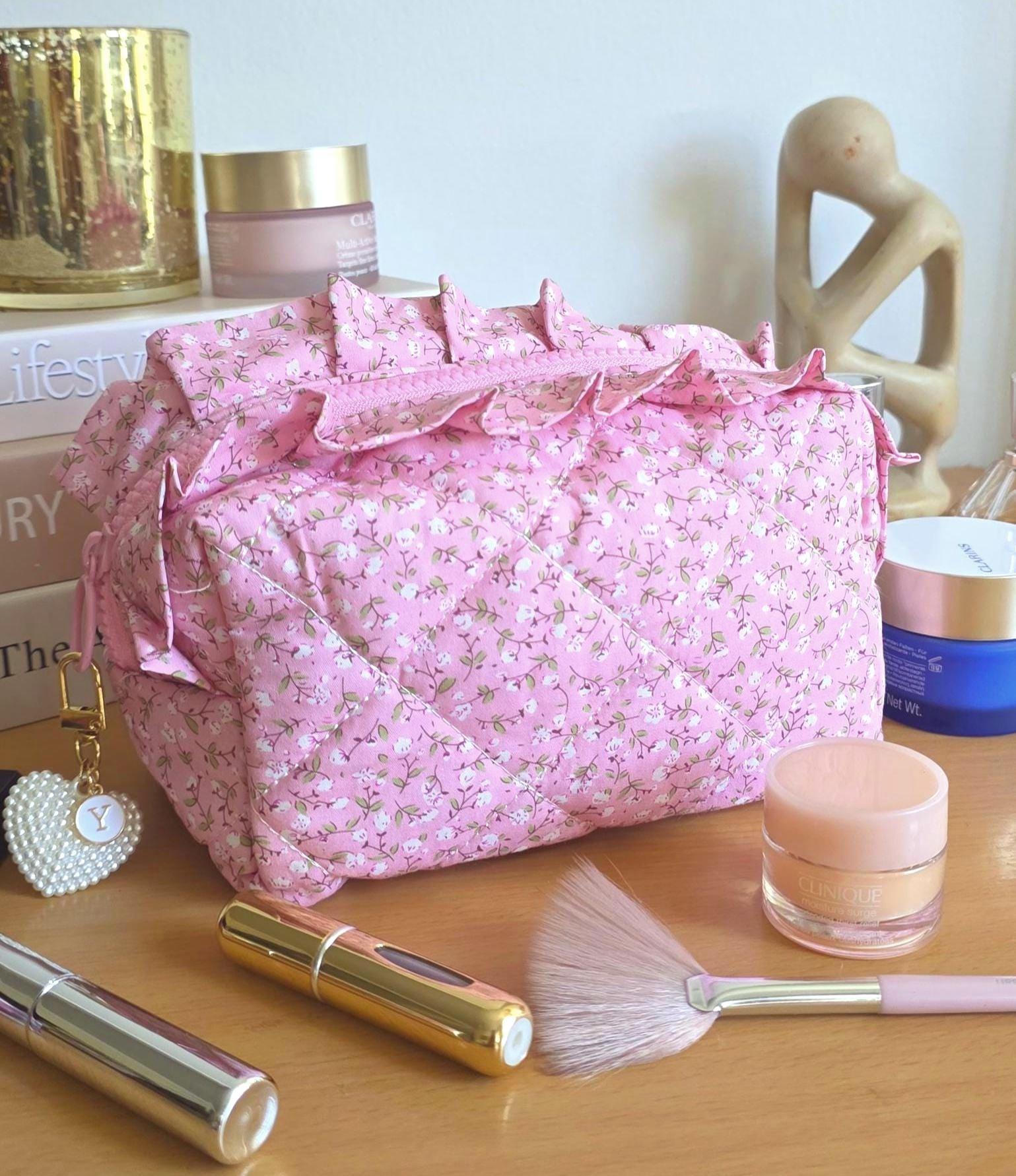 Floral Cosmetic Bag, Pink Ruffle Pouch, Travel Toiletry Organizer