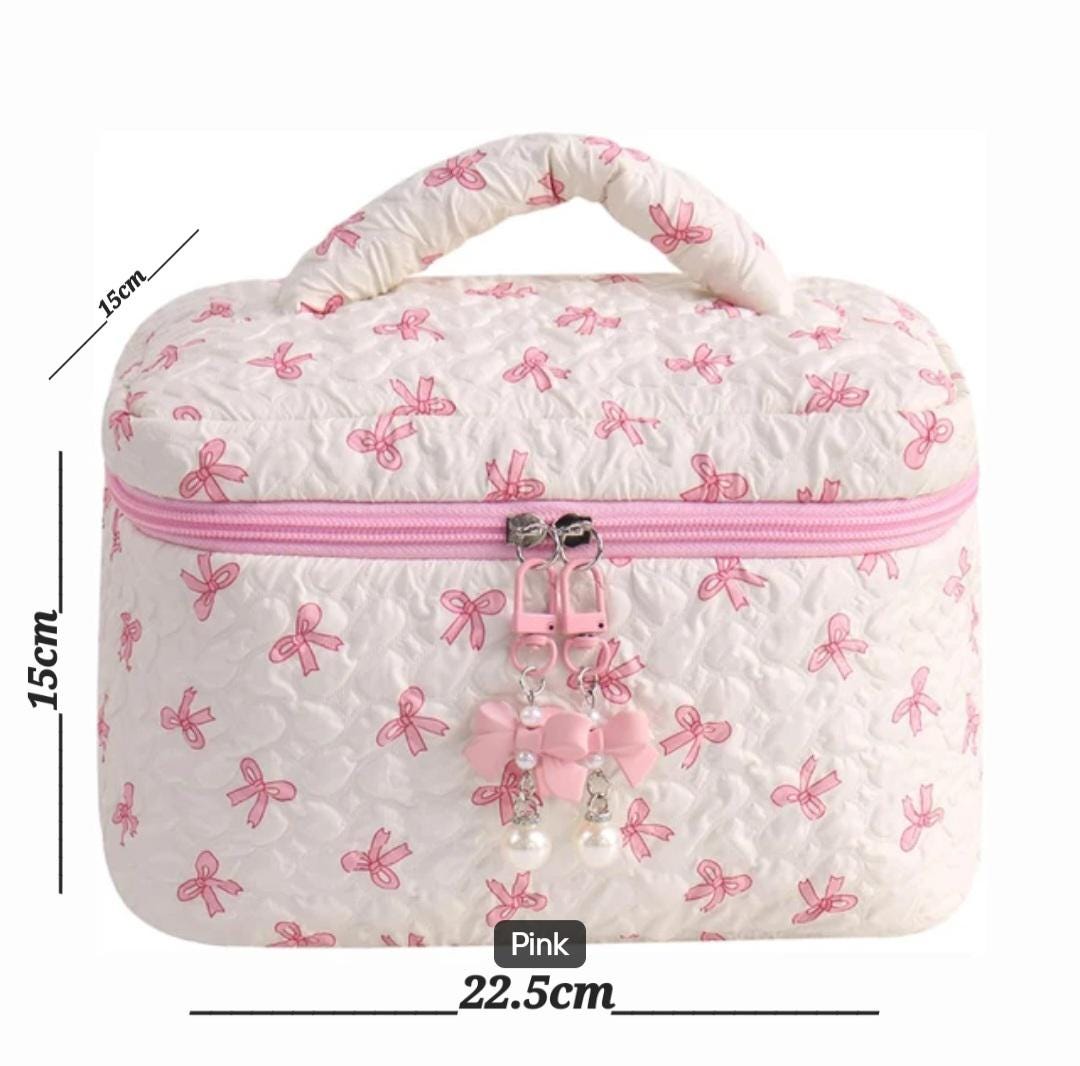 Coquette Quilted Makeup Bag, Travel essentials, Toiletry Cosmetic Pouch Organizer