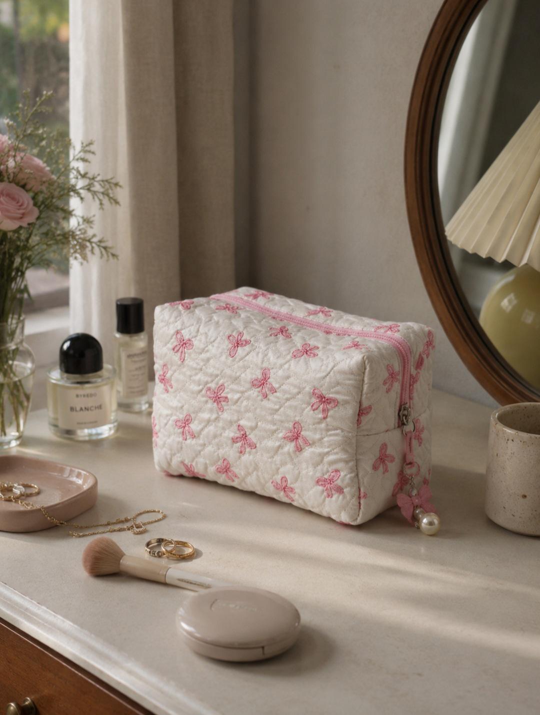 Coquette Quilted Makeup Bag, Travel essentials, Toiletry Cosmetic Pouch Organizer
