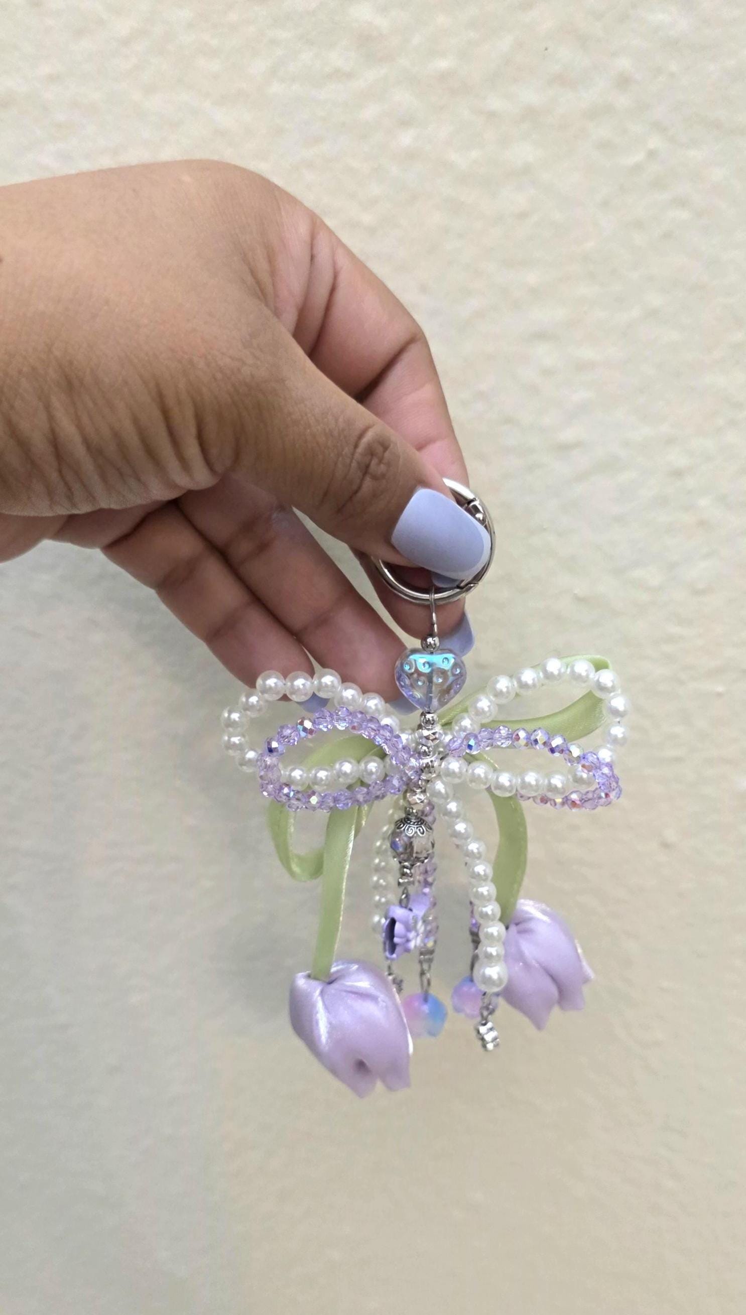 Tulip Flower Keychain, Pearl Beaded Bow Charm, Coquette Bag Accessory
