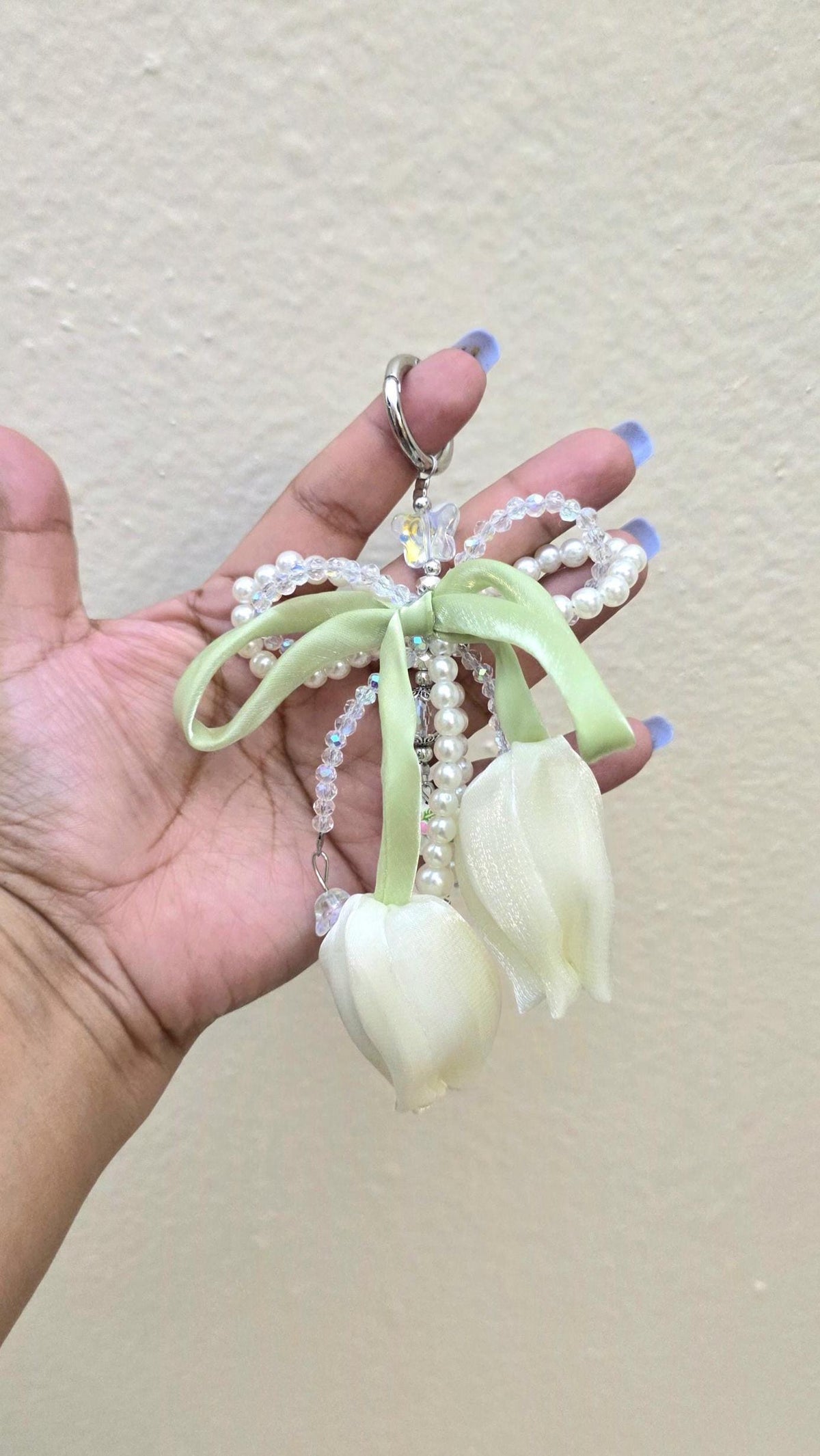 Tulip Flower Keychain, Pearl Beaded Bow Charm, Coquette Bag Accessory