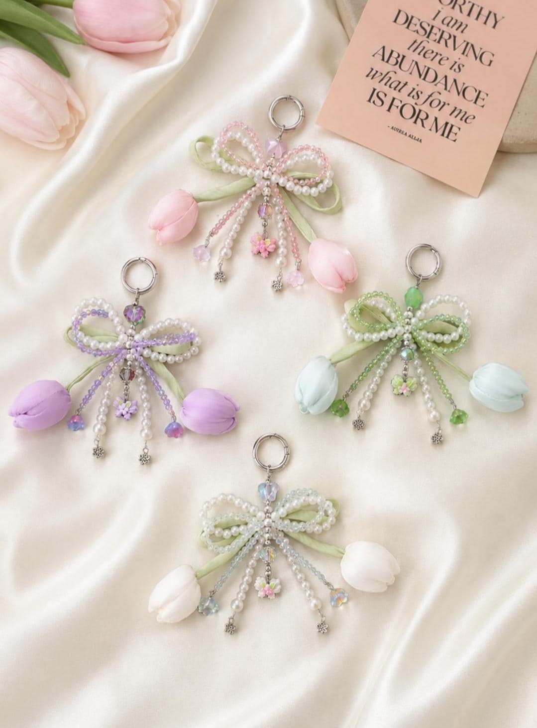 Tulip Flower Keychain, Pearl Beaded Bow Charm, Coquette Bag Accessory
