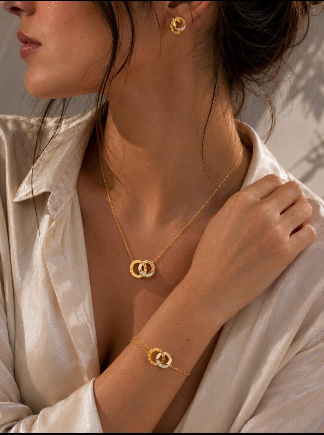 Estelle Roman Numeral Jewelry Set | Gold Zirconia Necklace, Bracelet, Earrings