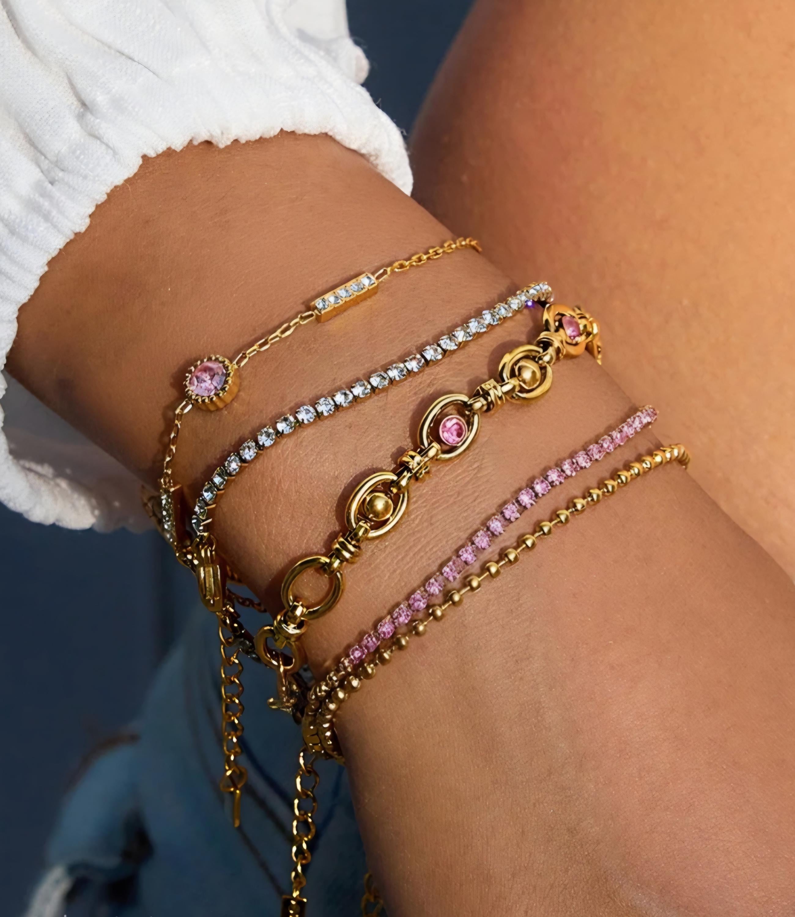 18K Gold Plated Pink CZ Bar Bracelet – Stainless Steel Chain Jewelry.Dainty Gift