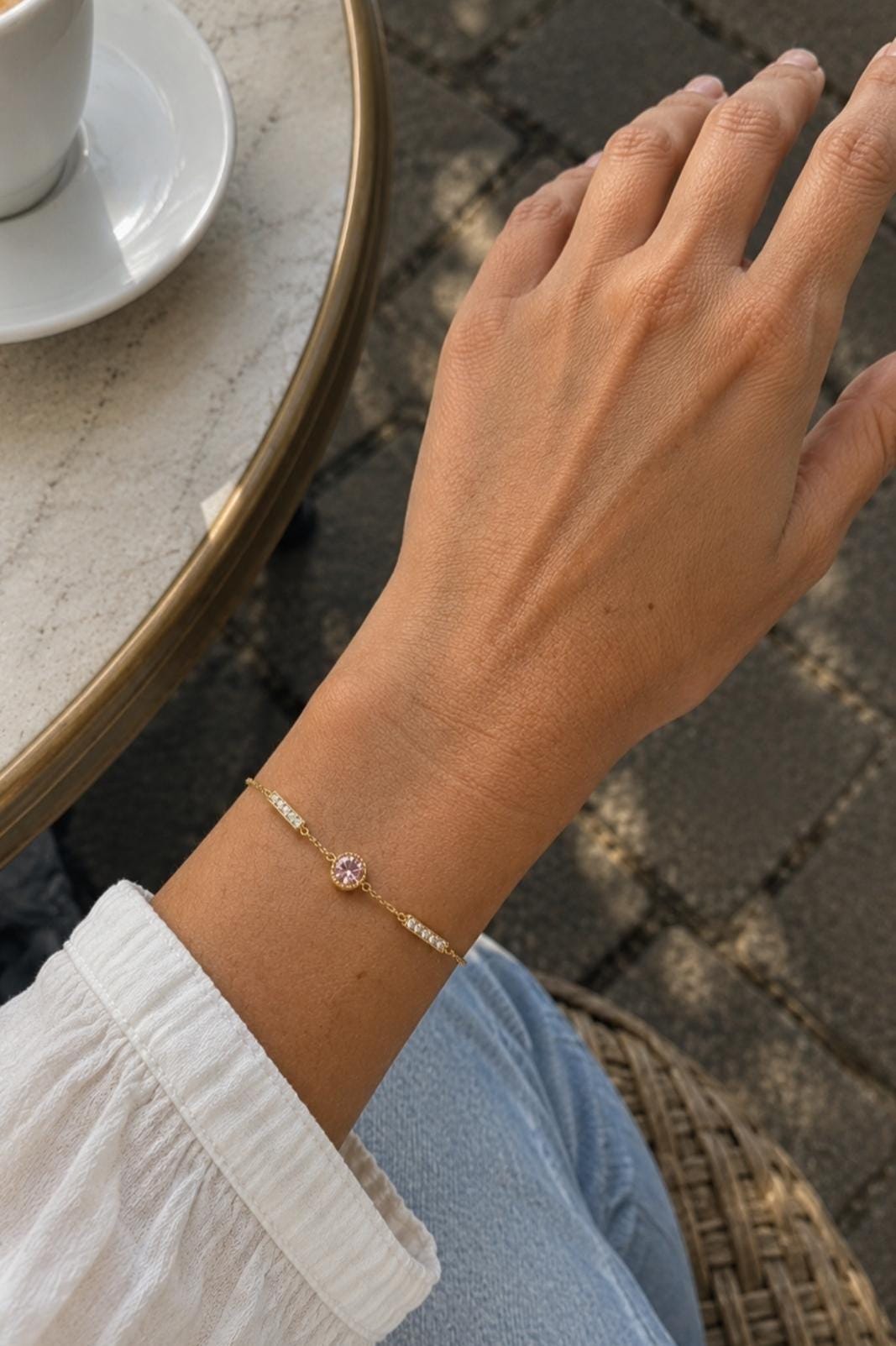 18K Gold Plated Pink CZ Bar Bracelet – Stainless Steel Chain Jewelry.Dainty Gift