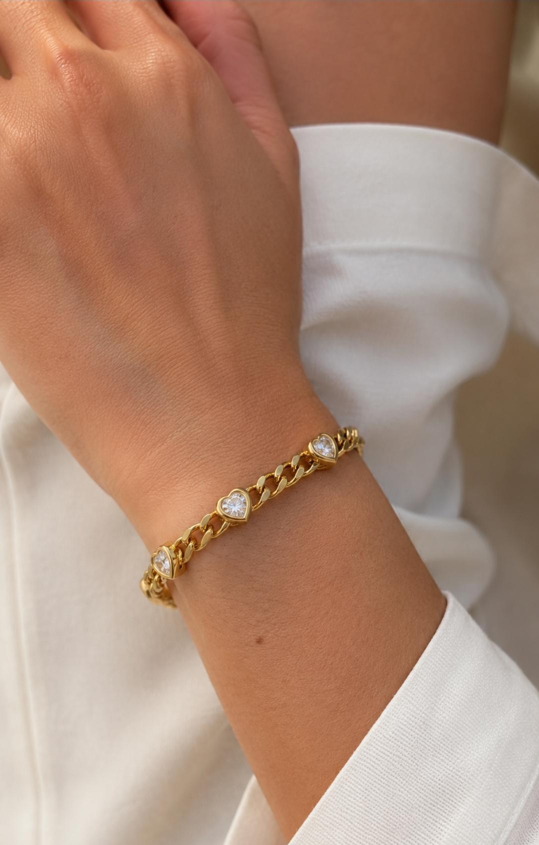 18K Gold Plated Heart Bracelet, Stainless Steel CZ Chain, Romantic Jewelry