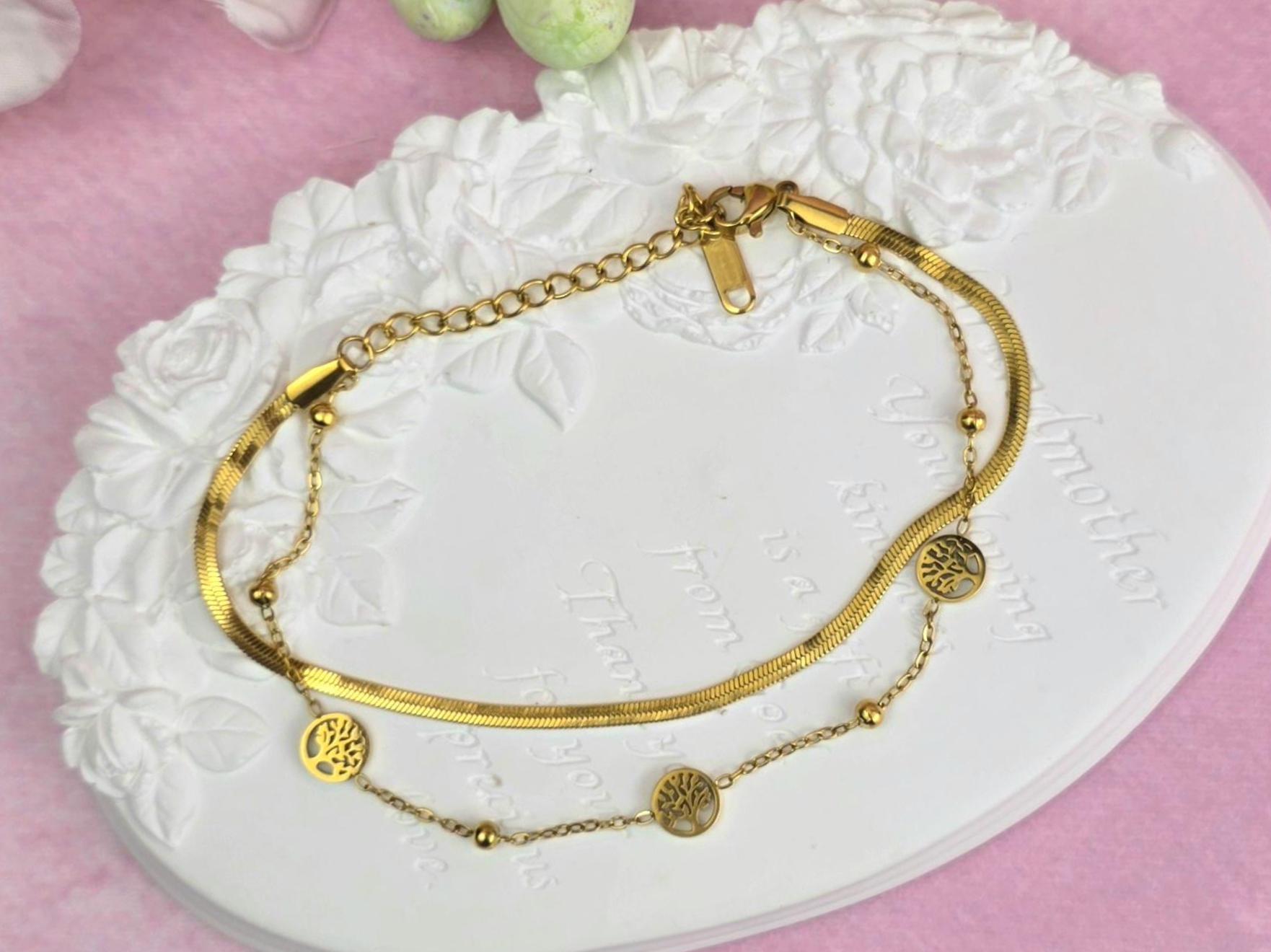 18K Gold Plated Tree of Life Bracelet, Stainless Steel Double Chain Dainty Layered Jewelry