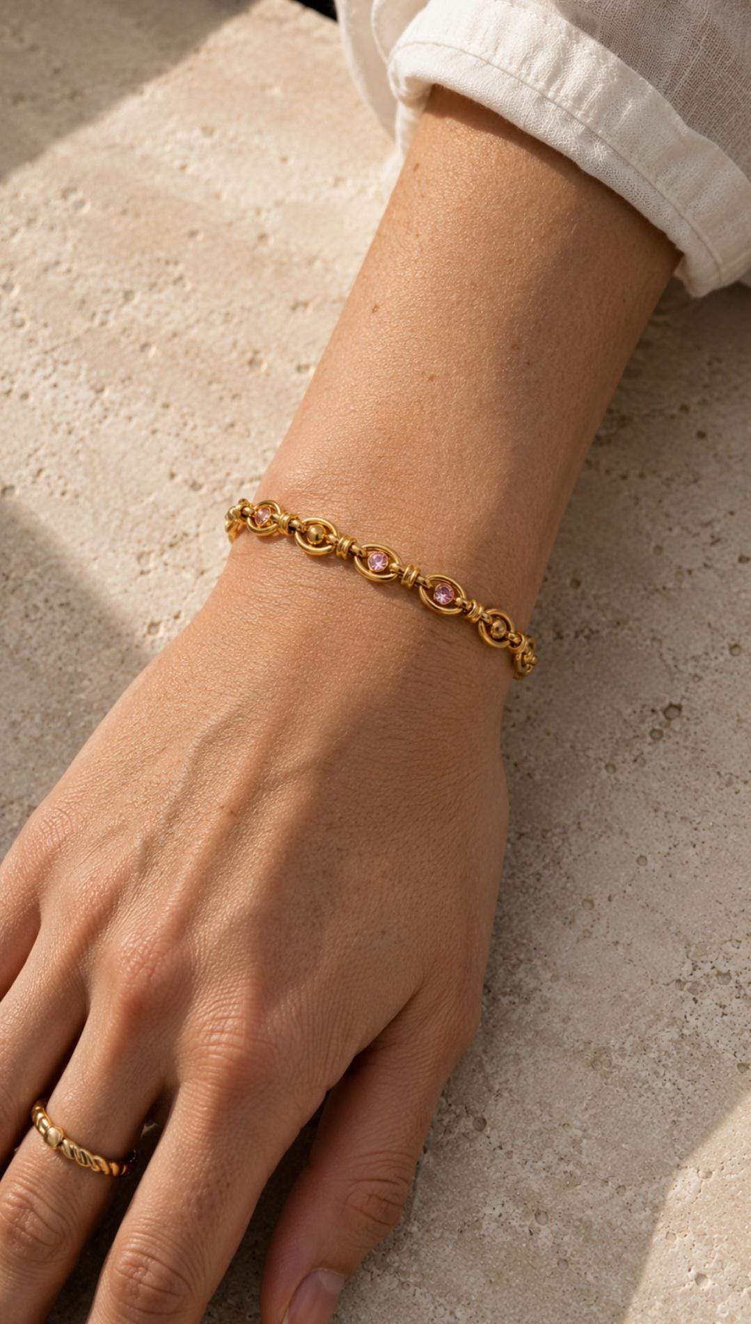 18K Gold Plated Pink Stone Chain Bracelet – Stainless Steel Dainty Jewelry