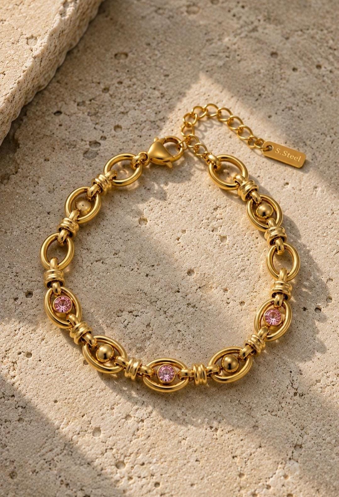 18K Gold Plated Pink Stone Chain Bracelet – Stainless Steel Dainty Jewelry