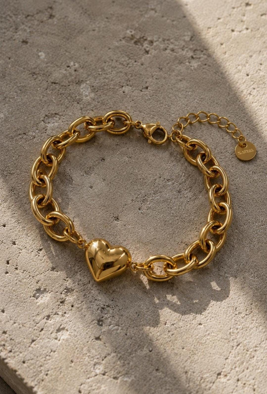 Gold Heart Chain Bracelet, Stainless Steel Chunky Link, Dainty Charm Jewelry, Adjustable