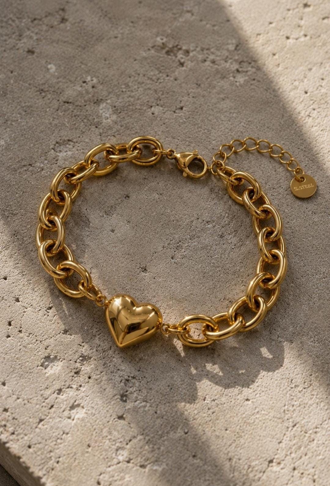 Gold Heart Chain Bracelet, Stainless Steel Chunky Link, Dainty Charm Jewelry, Adjustable