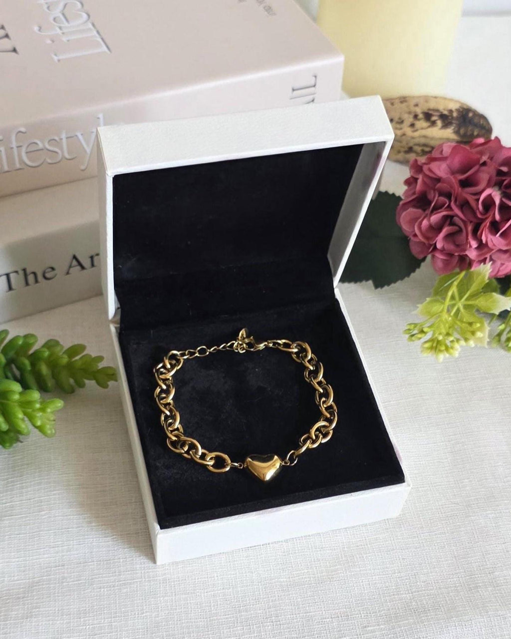 Gold Heart Chain Bracelet, Stainless Steel Chunky Link, Dainty Charm Jewelry, Adjustable