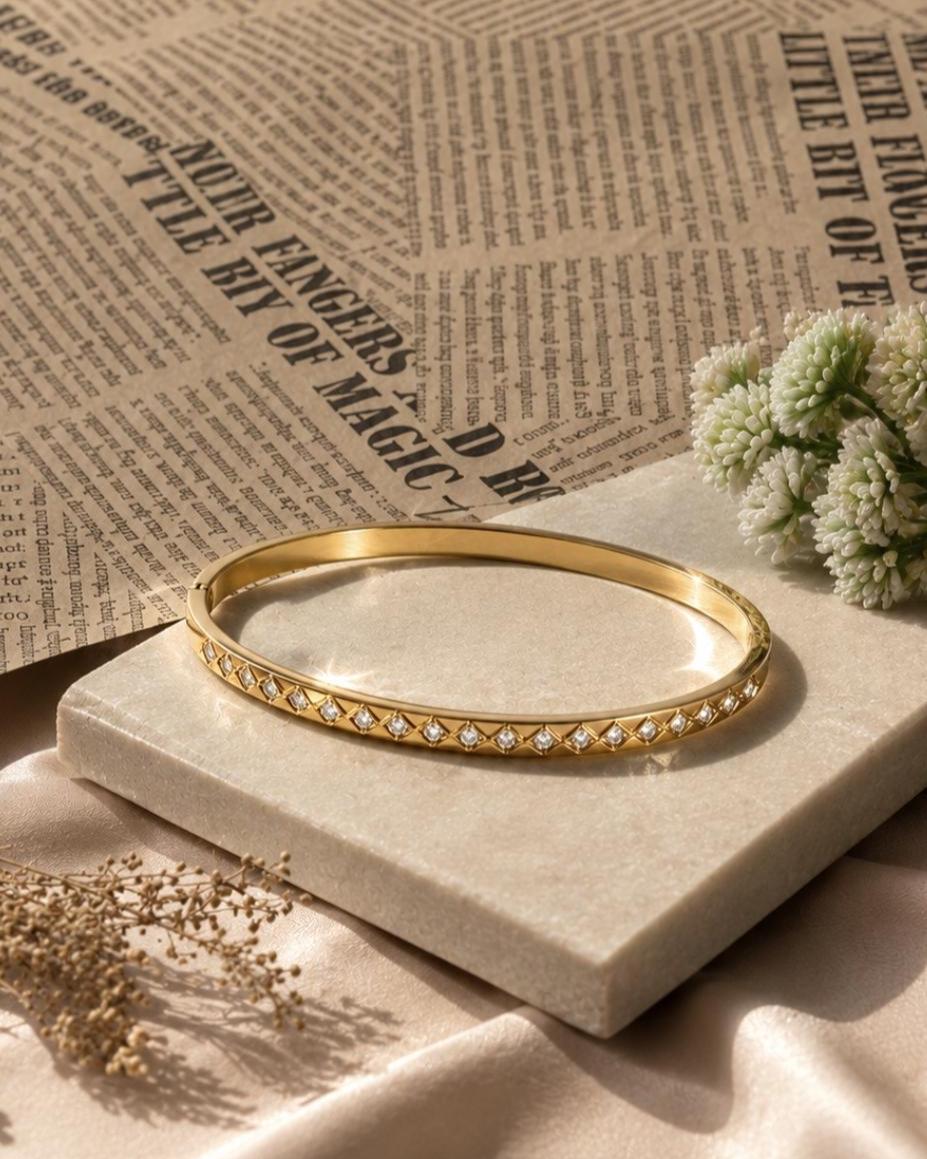 18K Gold Bangle Bracelet with CZ Stones | Dainty Everyday Jewelry | Birthday | Bridesmaid | Graduation