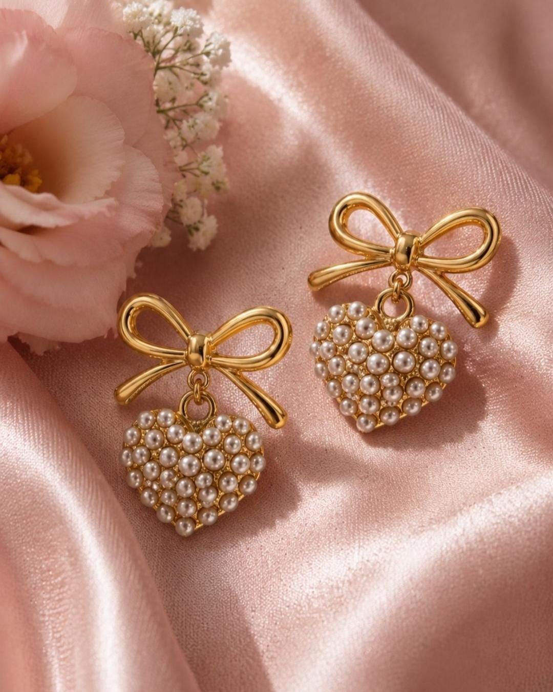Gold Bow Heart Pearl Earrings, 18k Plated Stainless Steel, Coquette ,Romantic Jewelry