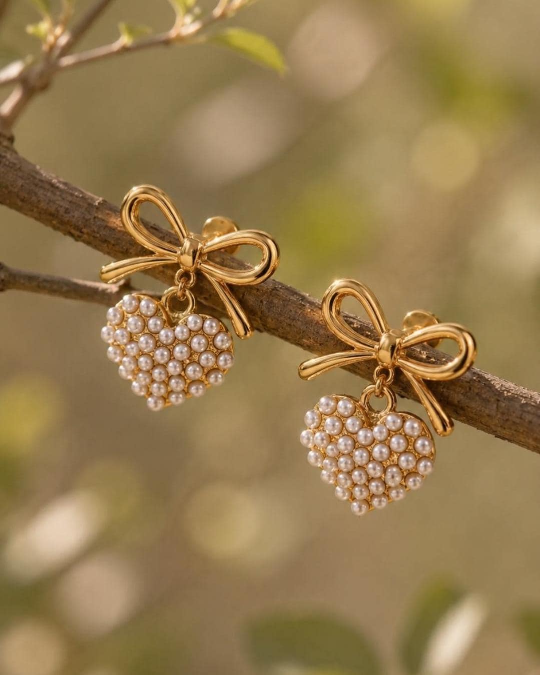 Gold Bow Heart Pearl Earrings, 18k Plated Stainless Steel, Coquette ,Romantic Jewelry