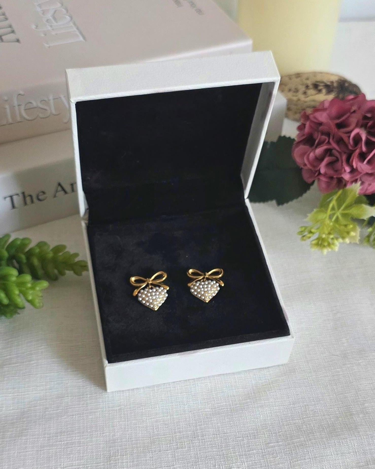 Gold Bow Heart Pearl Earrings, 18k Plated Stainless Steel, Coquette ,Romantic Jewelry