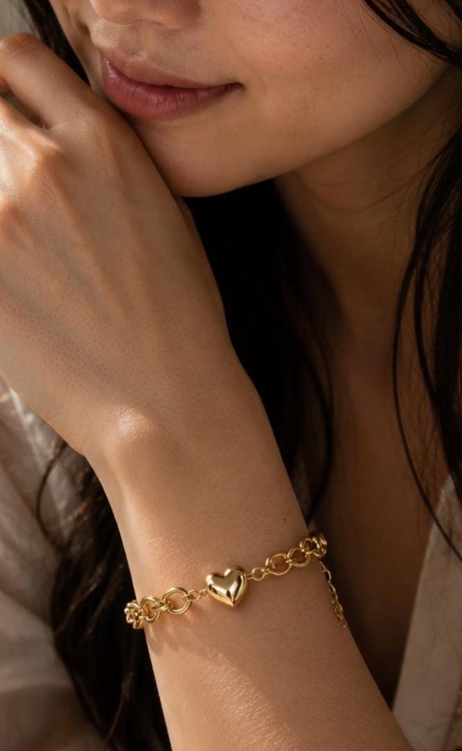 Gold Heart Chain Bracelet, Stainless Steel Chunky Link, Dainty Charm Jewelry, Adjustable