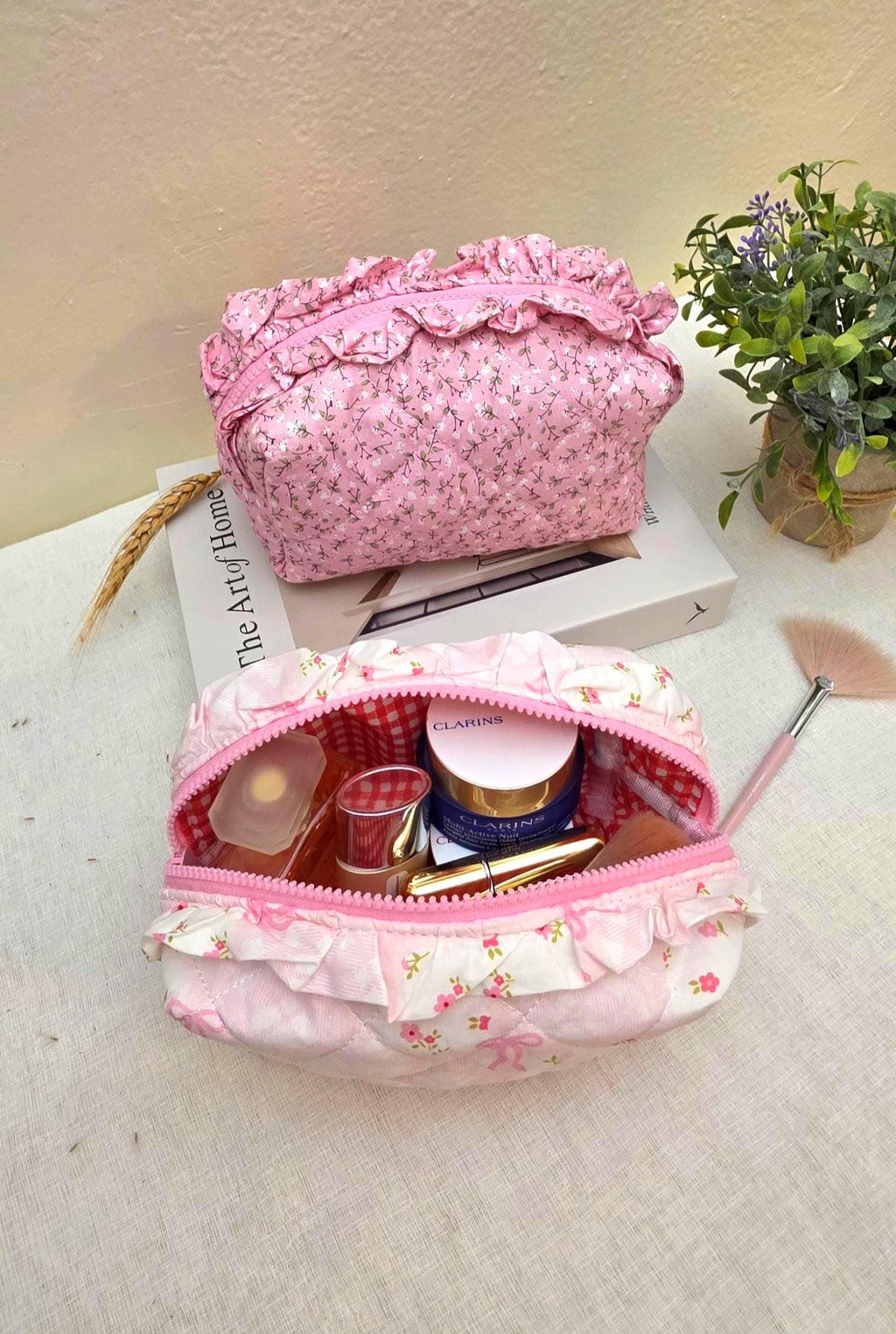 Floral Cosmetic Bag, Pink Ruffle Pouch, Travel Toiletry Organizer