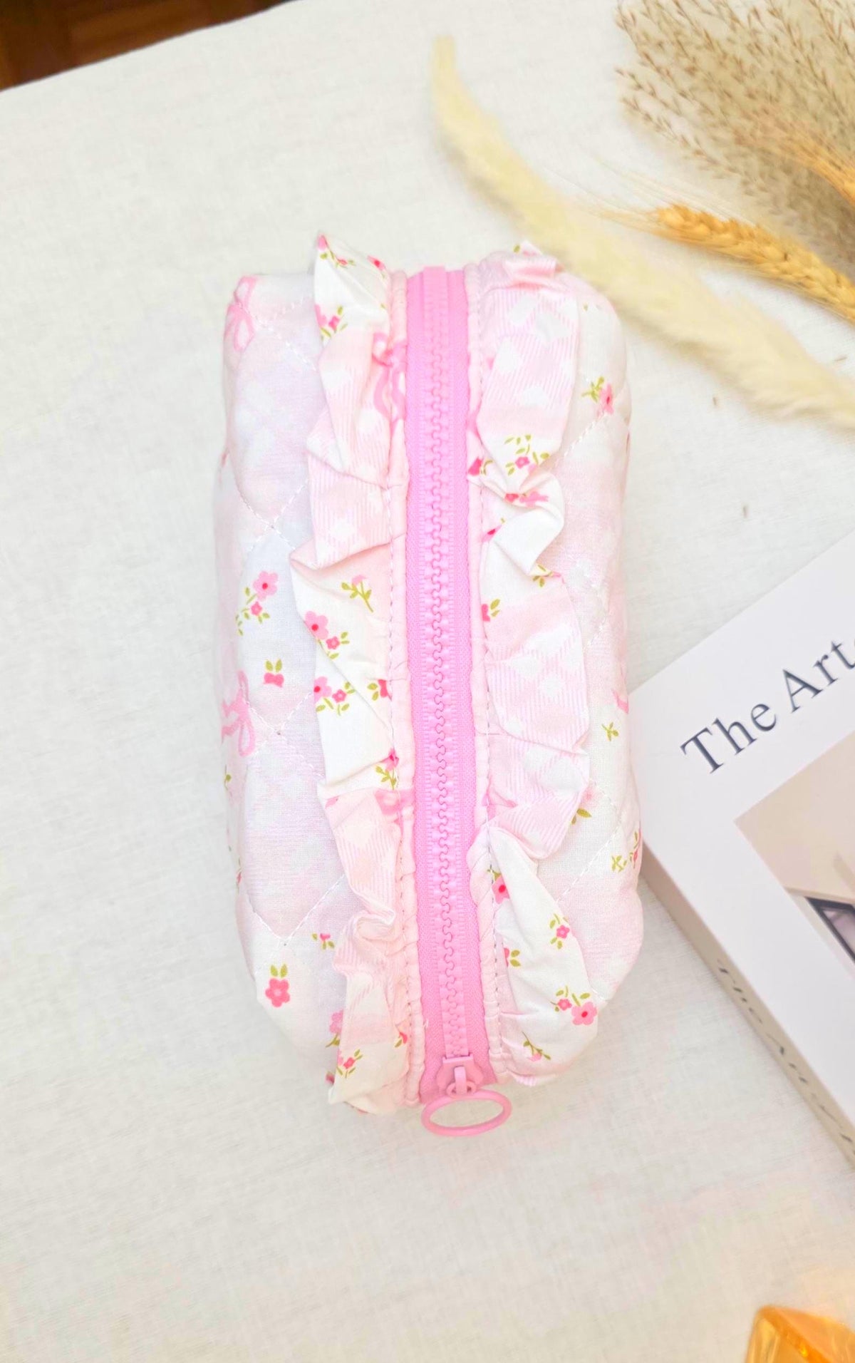 Floral Cosmetic Bag, Pink Ruffle Pouch, Travel Toiletry Organizer