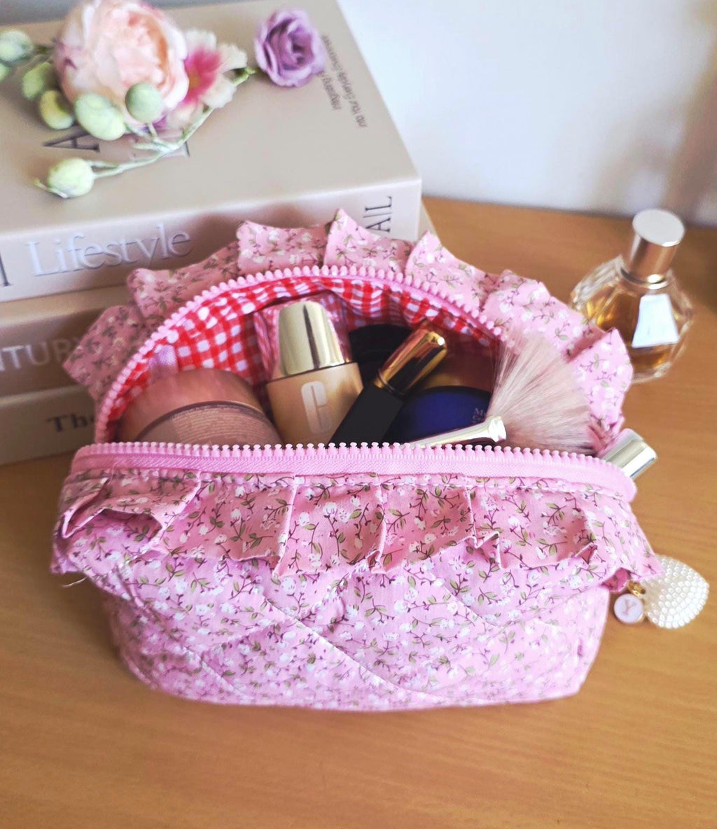 Floral Cosmetic Bag, Pink Ruffle Pouch, Travel Toiletry Organizer