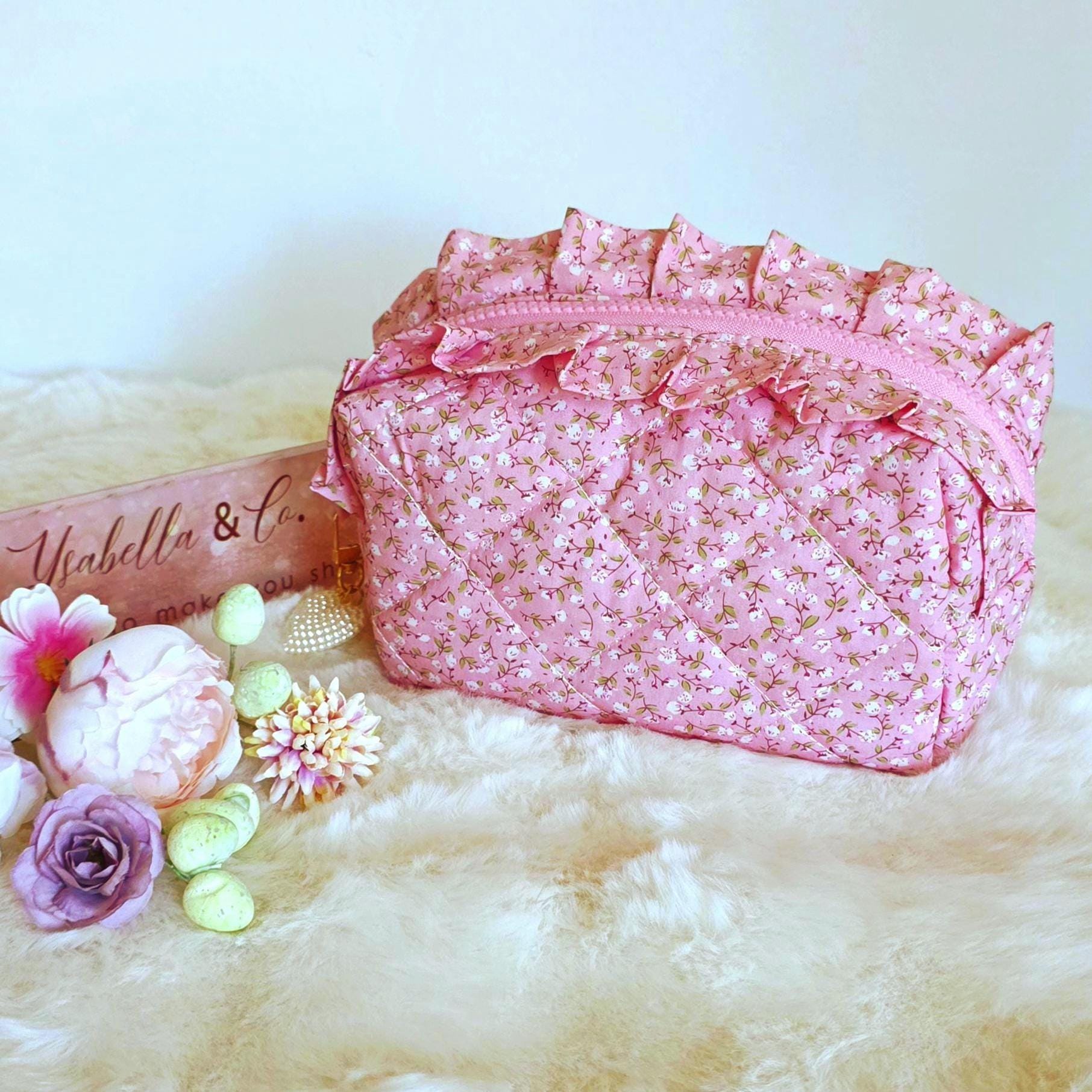 Floral Cosmetic Bag, Pink Ruffle Pouch, Travel Toiletry Organizer