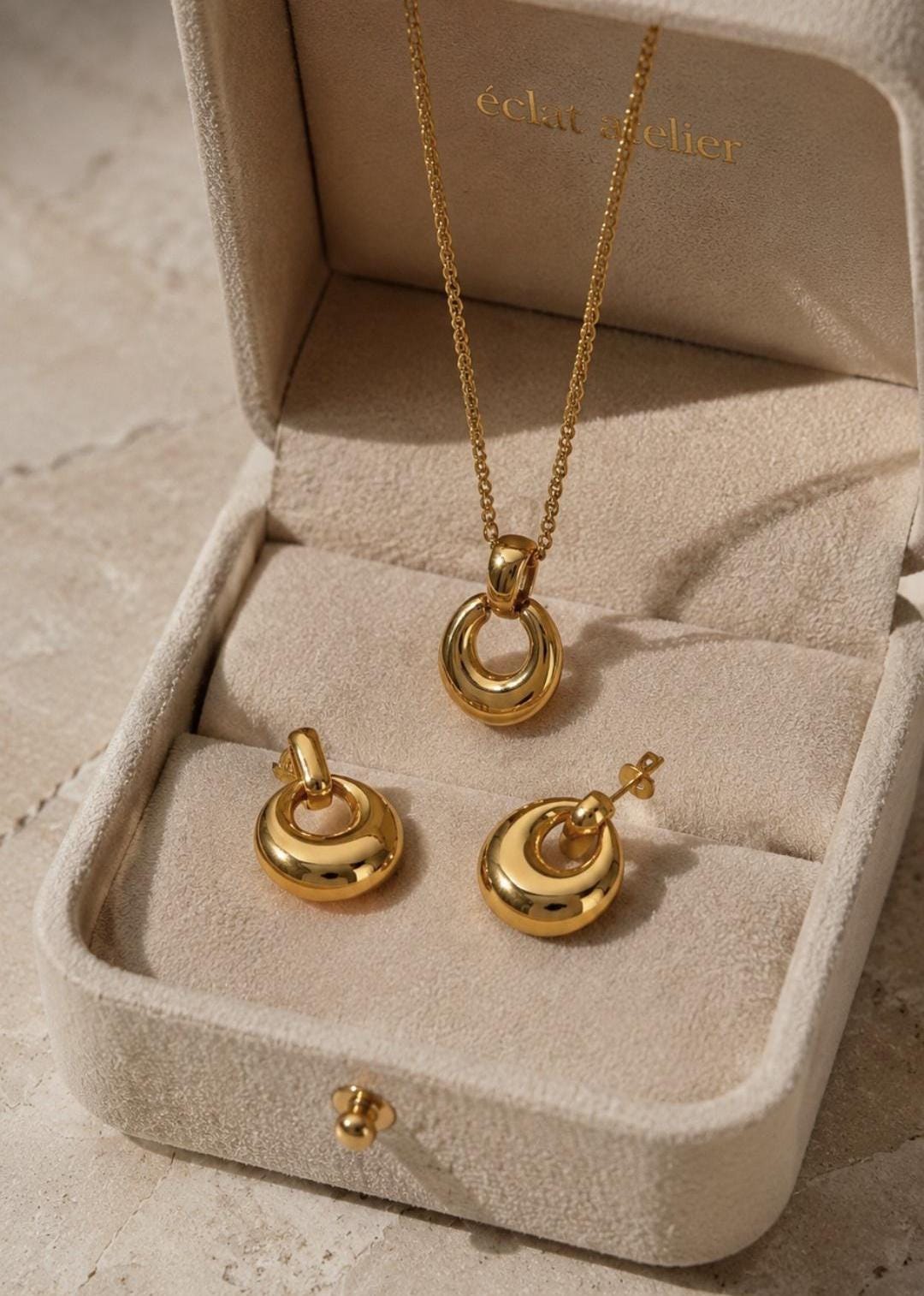 18K Gold Plated Stainless Steel Necklace Earrings Set, Minimalist Tarnish Resistant Jewelry