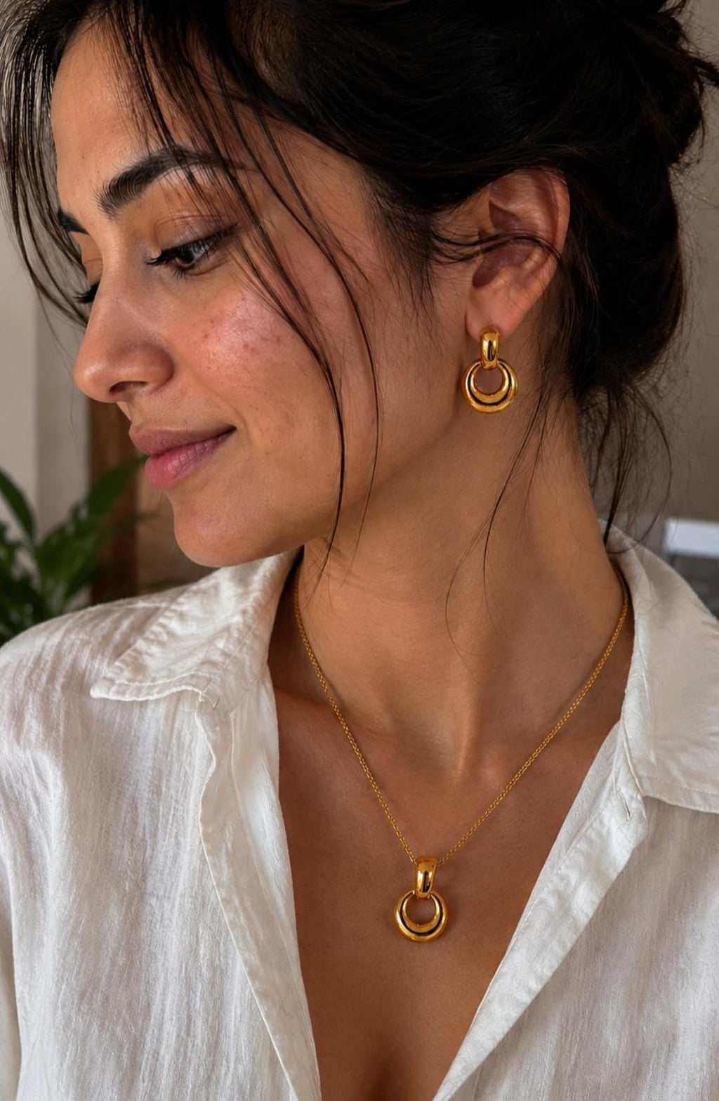 18K Gold Plated Stainless Steel Necklace Earrings Set, Minimalist Tarnish Resistant Jewelry