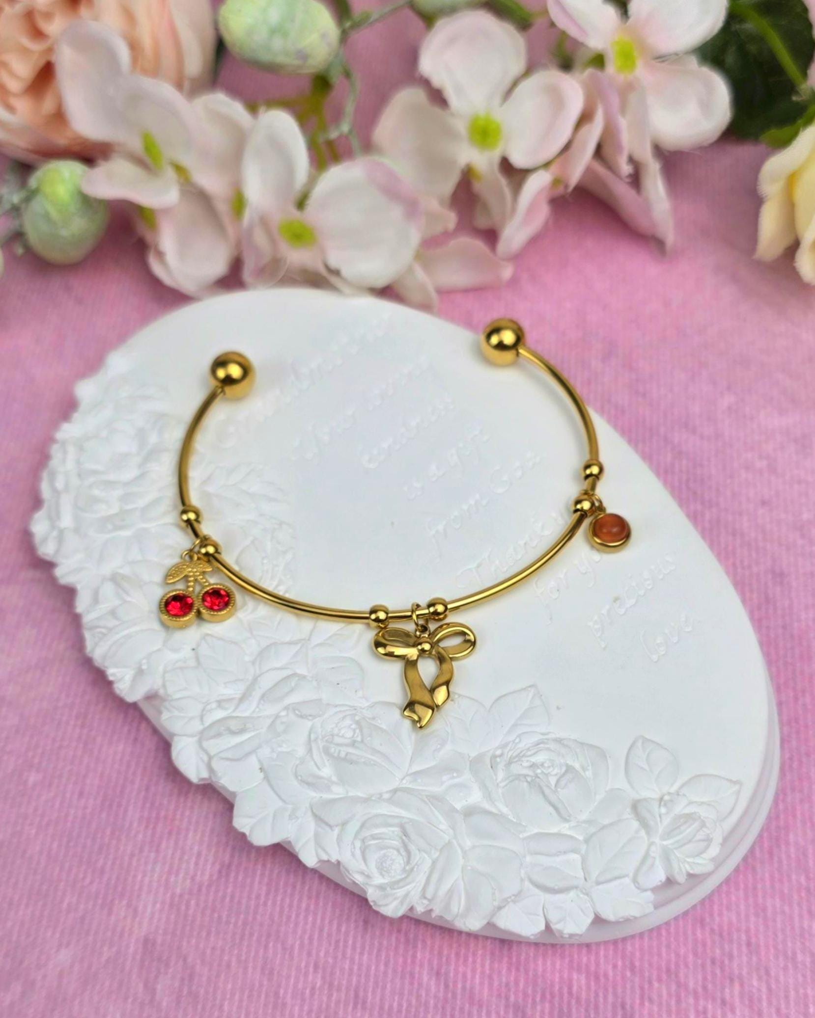 18K Gold Plated Stainless Steel Bow Cherry Charm Bracelet – Adjustable Bangle
