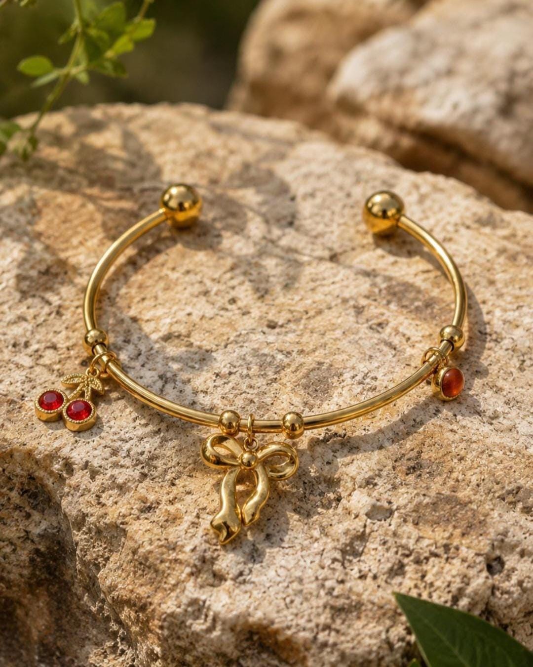 18K Gold Plated Stainless Steel Bow Cherry Charm Bracelet – Adjustable Bangle