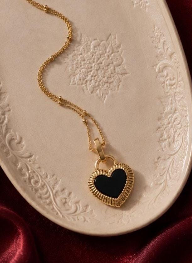 Reversible Black White Heart Necklace, 18K Gold Plated Stainless Steel Pendant, Waterproof Tarnish Resistant