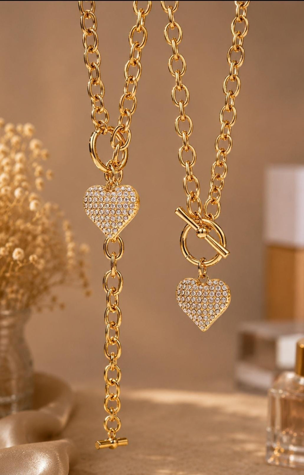 18K Gold Plated Heart Charm Necklace and Bracelet Set, Zircon Pave, Waterproof Tarnish Resistant