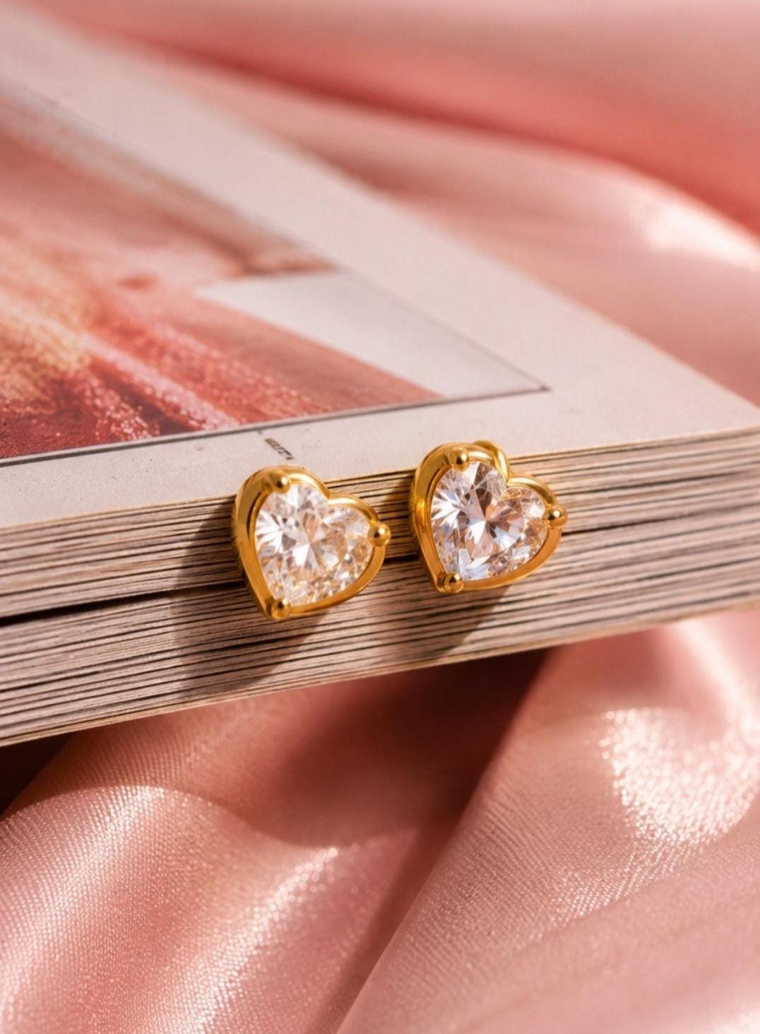 Heart Zircon Stud Earrings, 18K Gold Plated Stainless Steel, Water Resistant