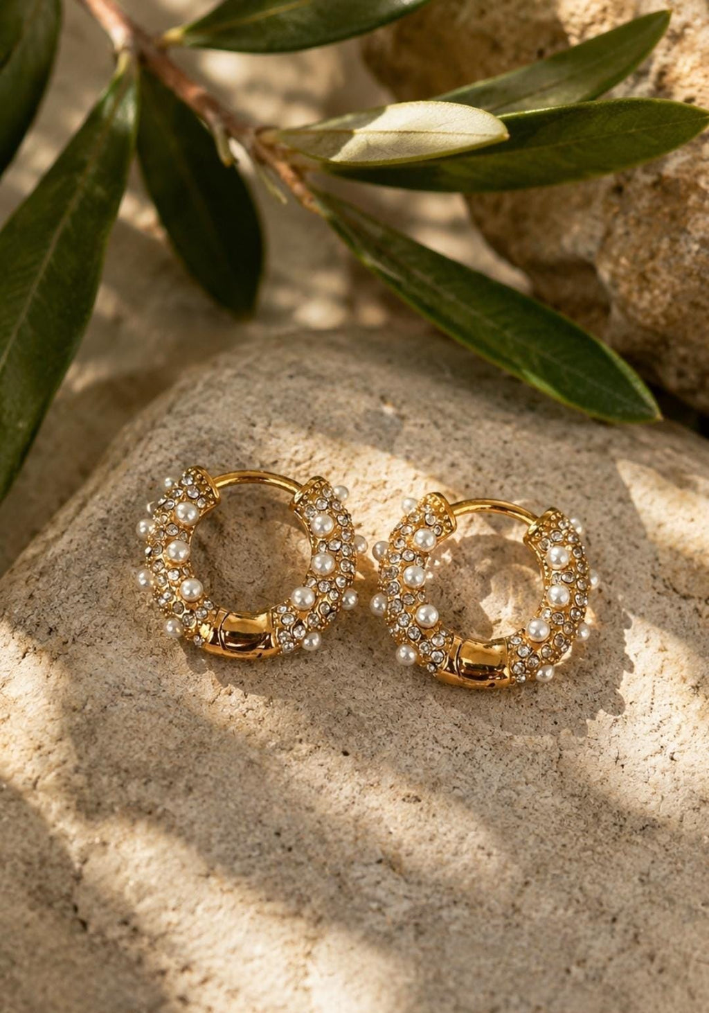 Pearl Zircon Hoop Earrings, 18K Gold Plated Stainless Steel Huggie Statement Jewelry
