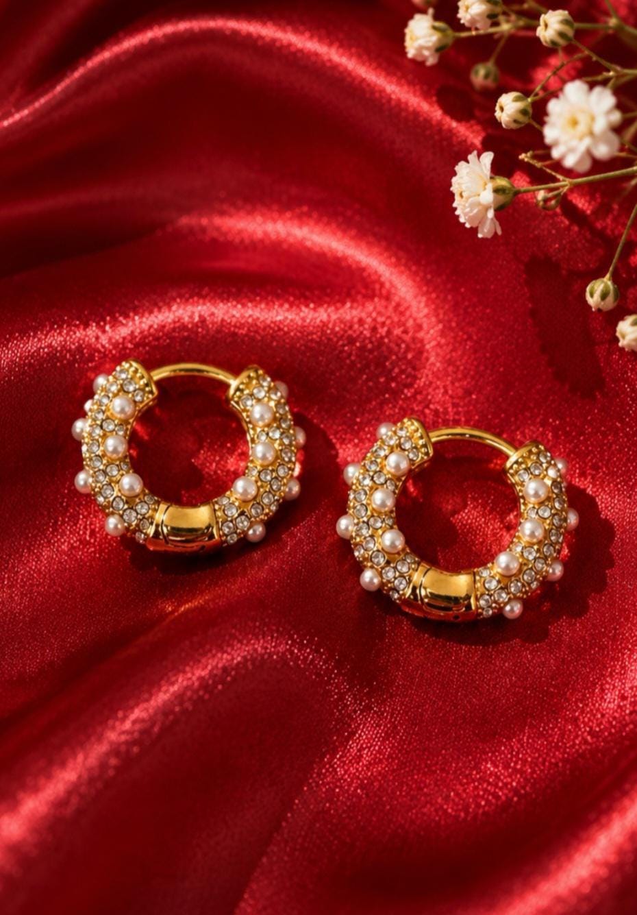 Pearl Zircon Hoop Earrings, 18K Gold Plated Stainless Steel Huggie Statement Jewelry