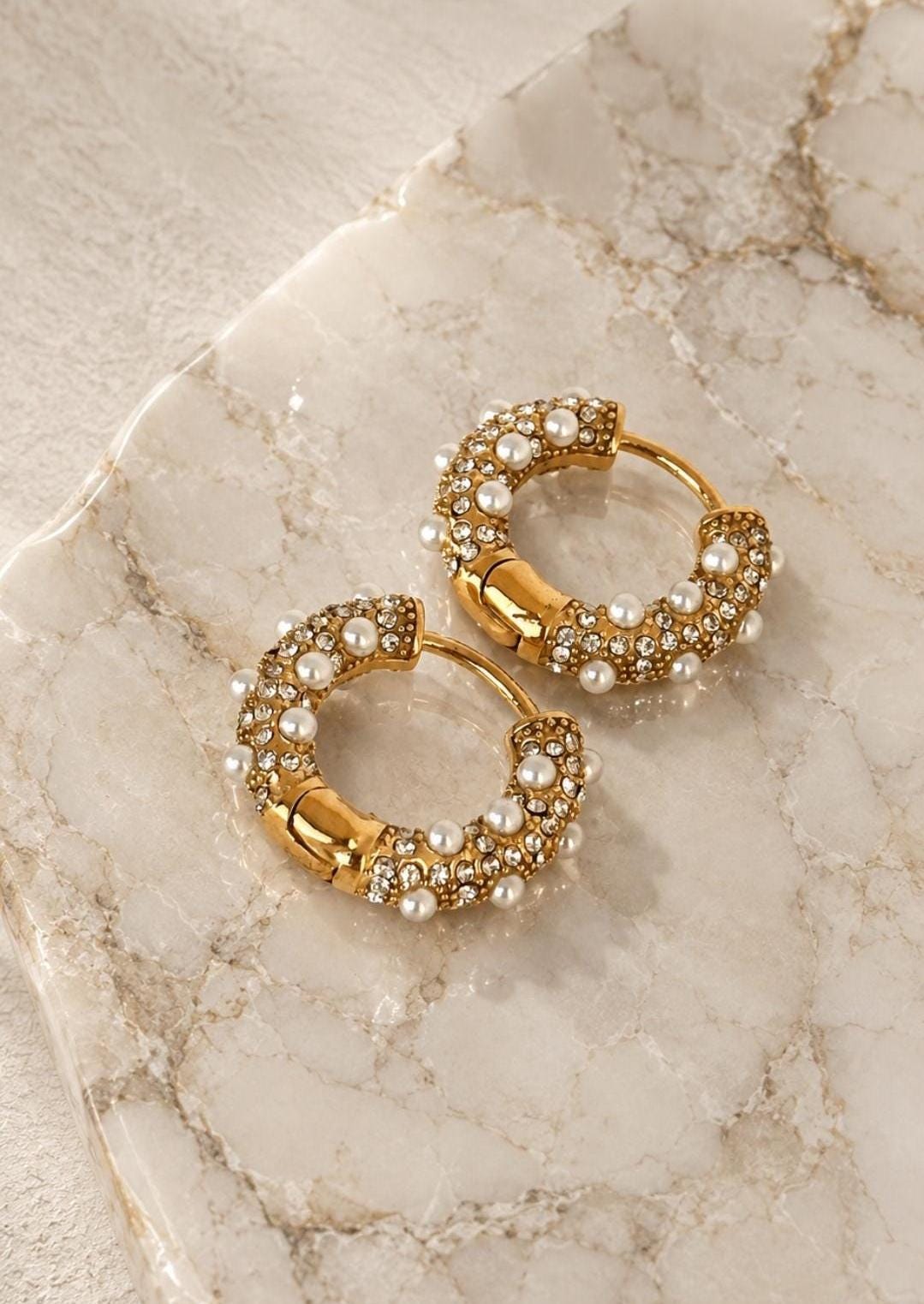 Pearl Zircon Hoop Earrings, 18K Gold Plated Stainless Steel Huggie Statement Jewelry