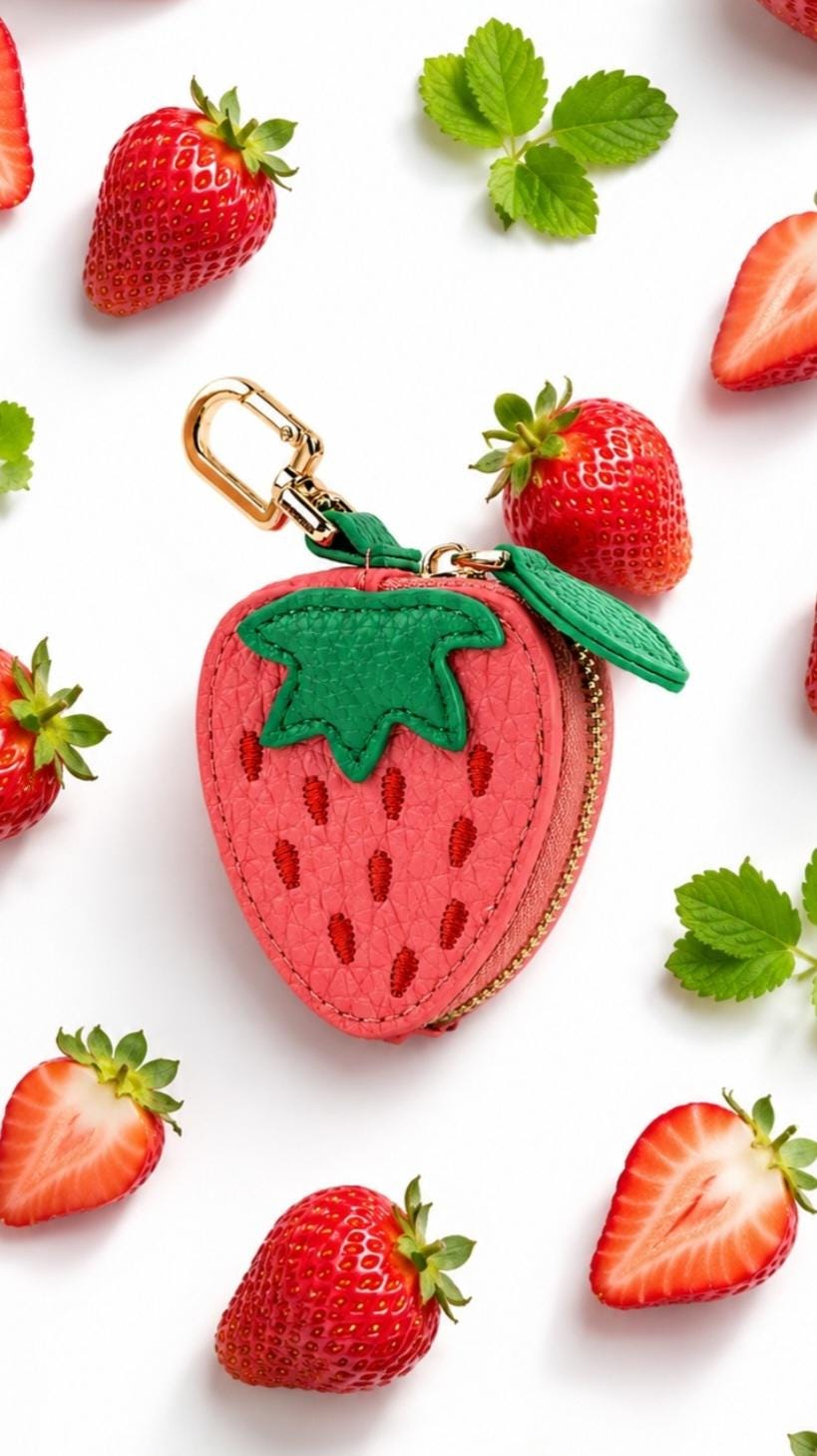 Vegan Leather Fruit Coin Purse Keychain, Mini Zipper Pouch, Kawaii Bag Charm