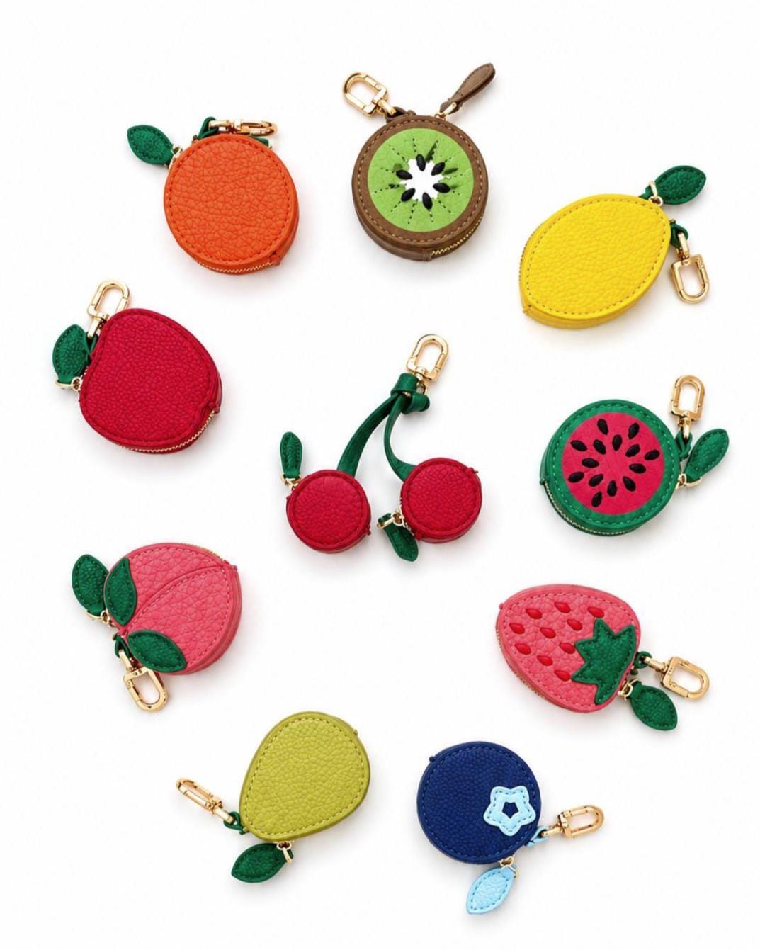 Vegan Leather Fruit Coin Purse Keychain, Mini Zipper Pouch, Kawaii Bag Charm