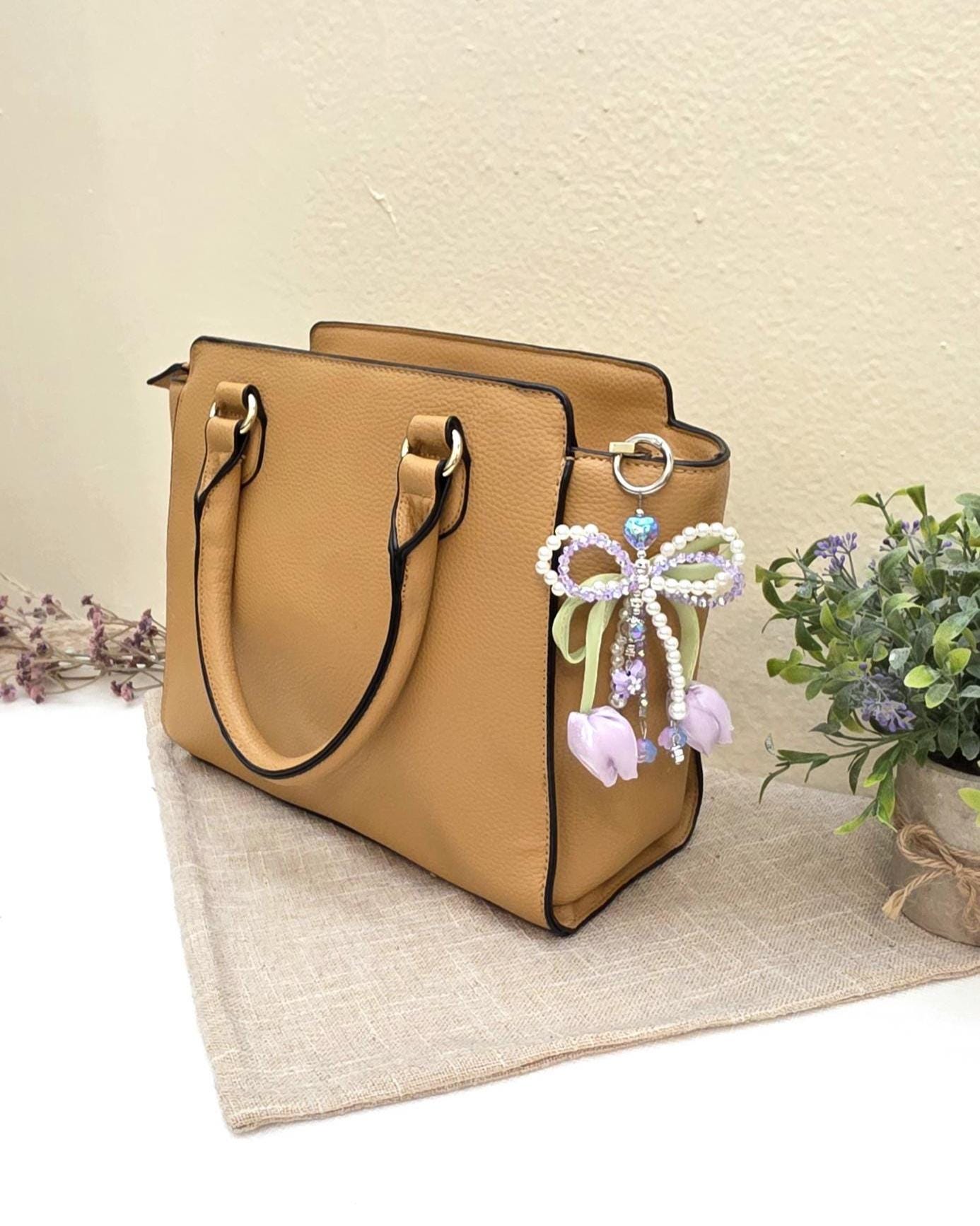 Tulip Flower Keychain, Pearl Beaded Bow Charm, Coquette Bag Accessory