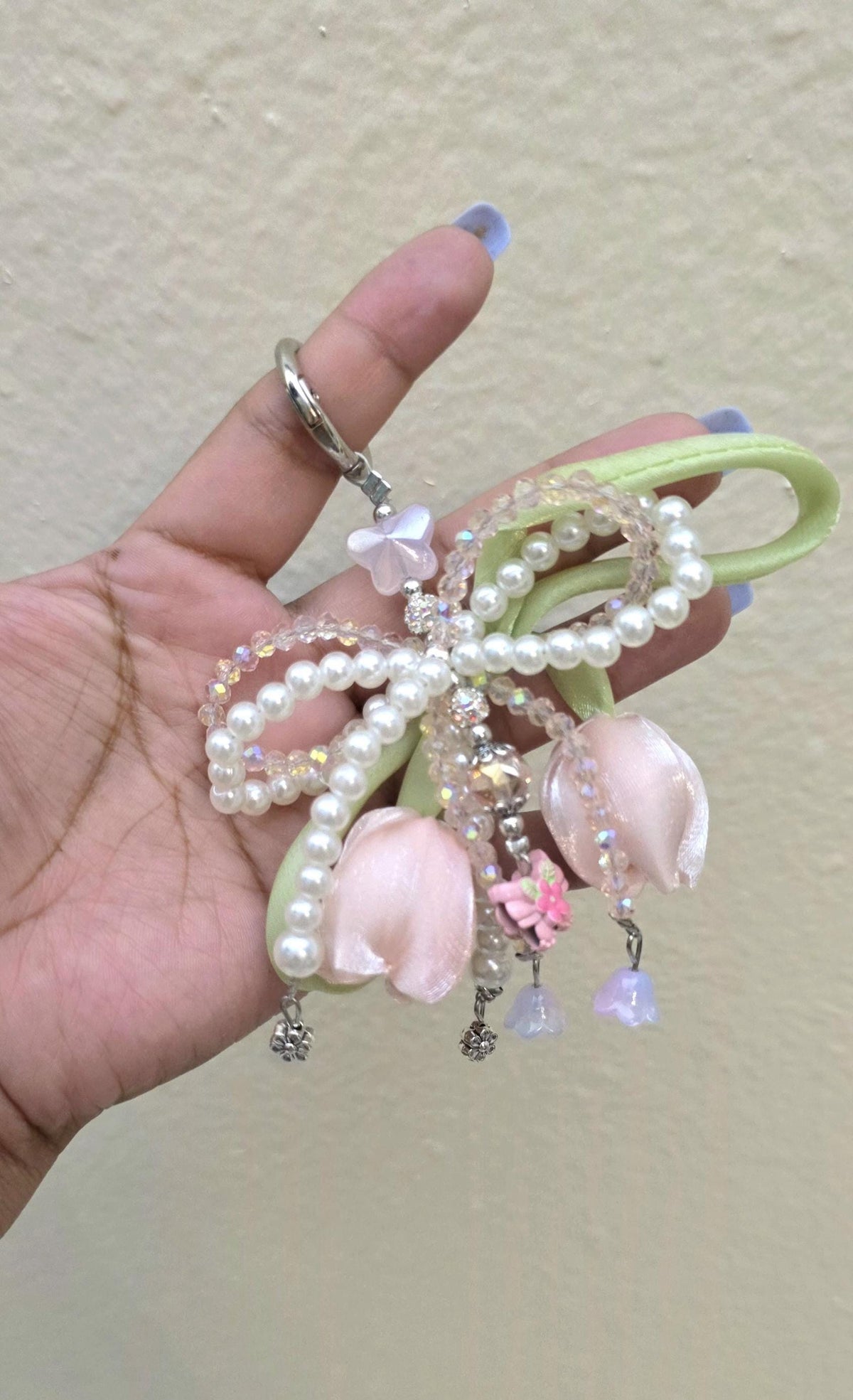 Tulip Flower Keychain, Pearl Beaded Bow Charm, Coquette Bag Accessory