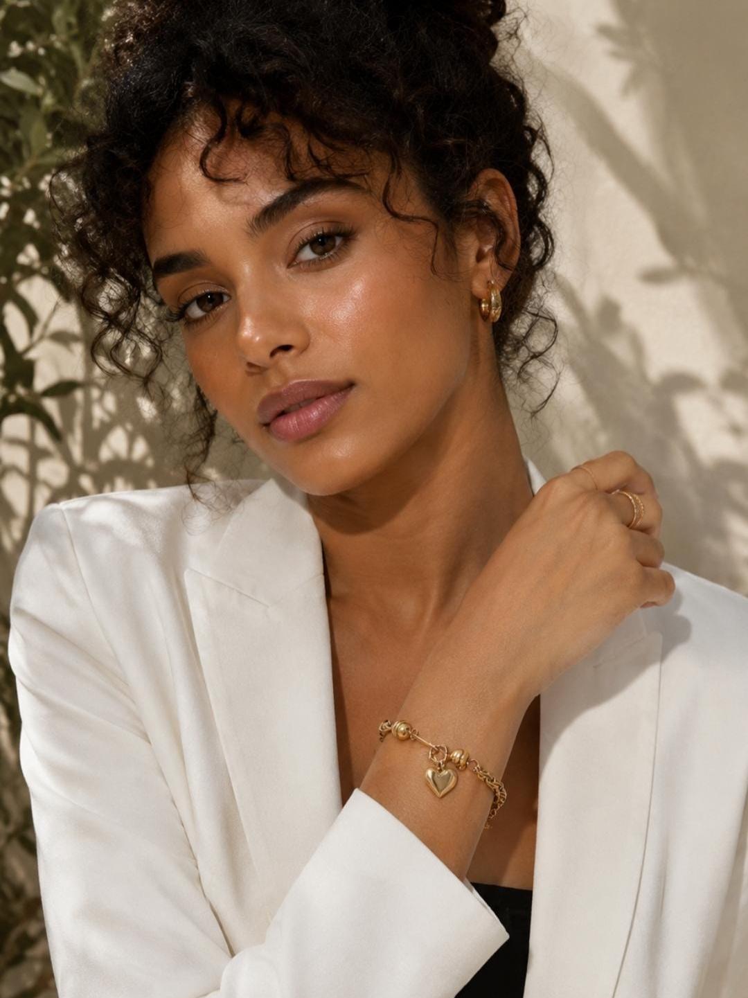 18K Gold Plated Heart Charm Bracelet, Stainless Steel Textured Chain, Adjustable Dainty Jewelry