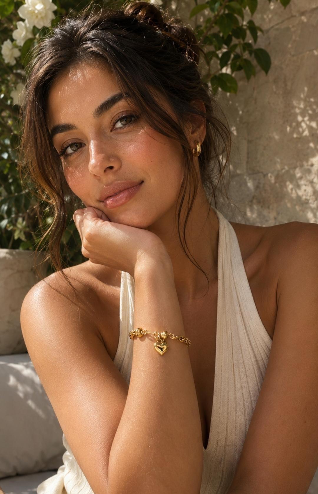 18K Gold Plated Heart Charm Bracelet, Stainless Steel Textured Chain, Adjustable Dainty Jewelry
