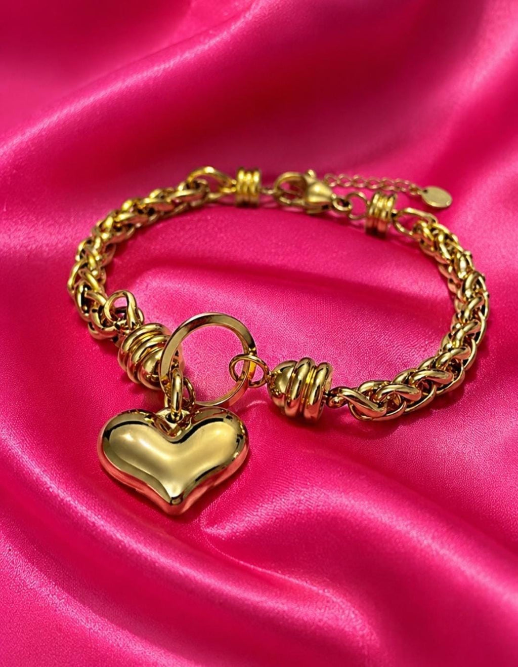 18K Gold Plated Heart Charm Bracelet, Stainless Steel Textured Chain, Adjustable Dainty Jewelry