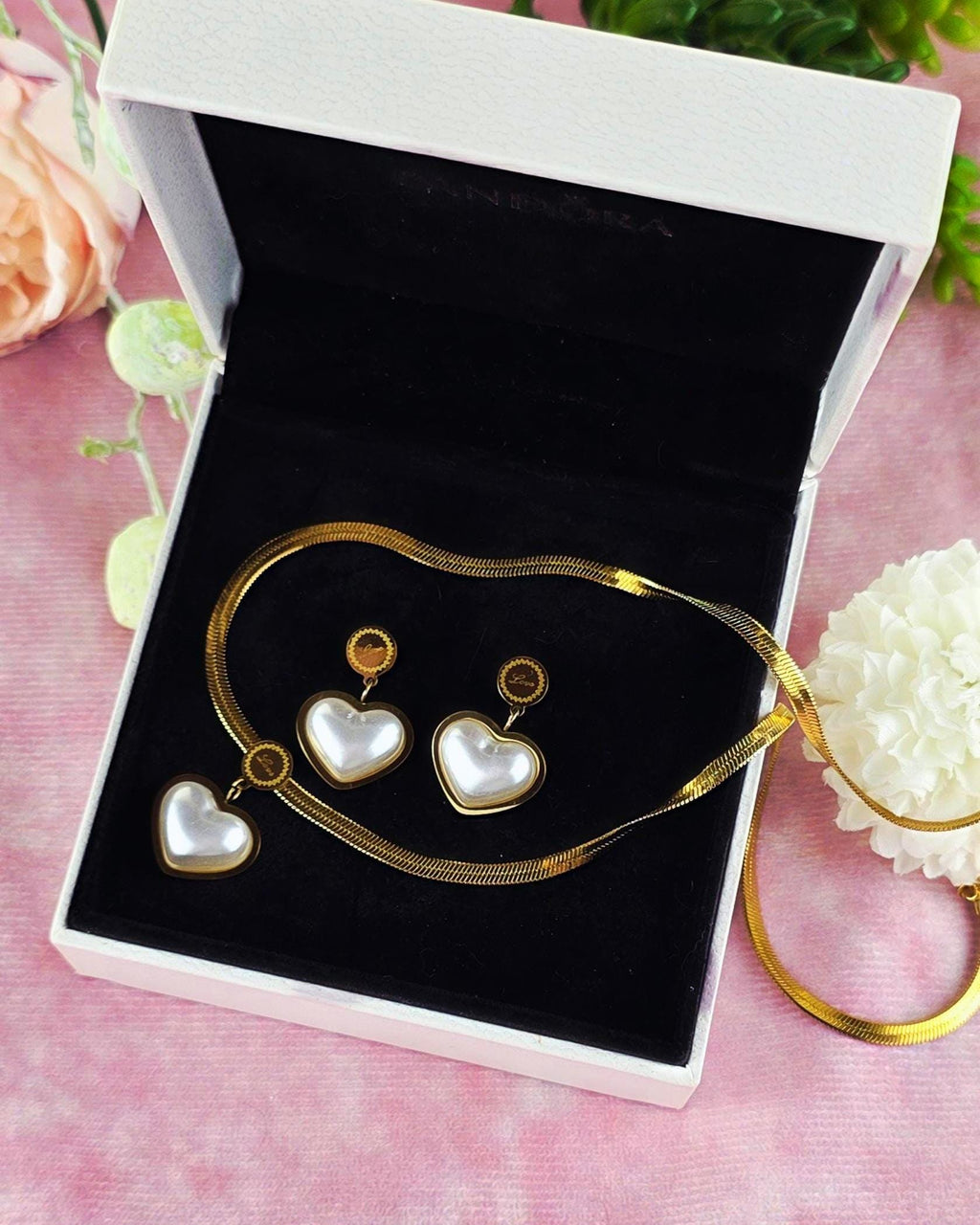 Pearl Heart Necklace Earrings Set | 18K Gold Plated Dainty Jewelry