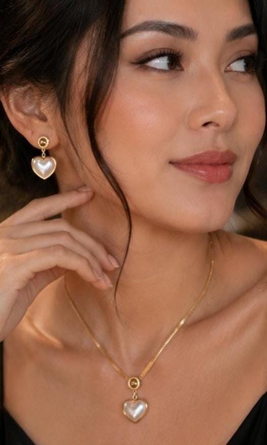 Pearl Heart Necklace Earrings Set | 18K Gold Plated Dainty Jewelry