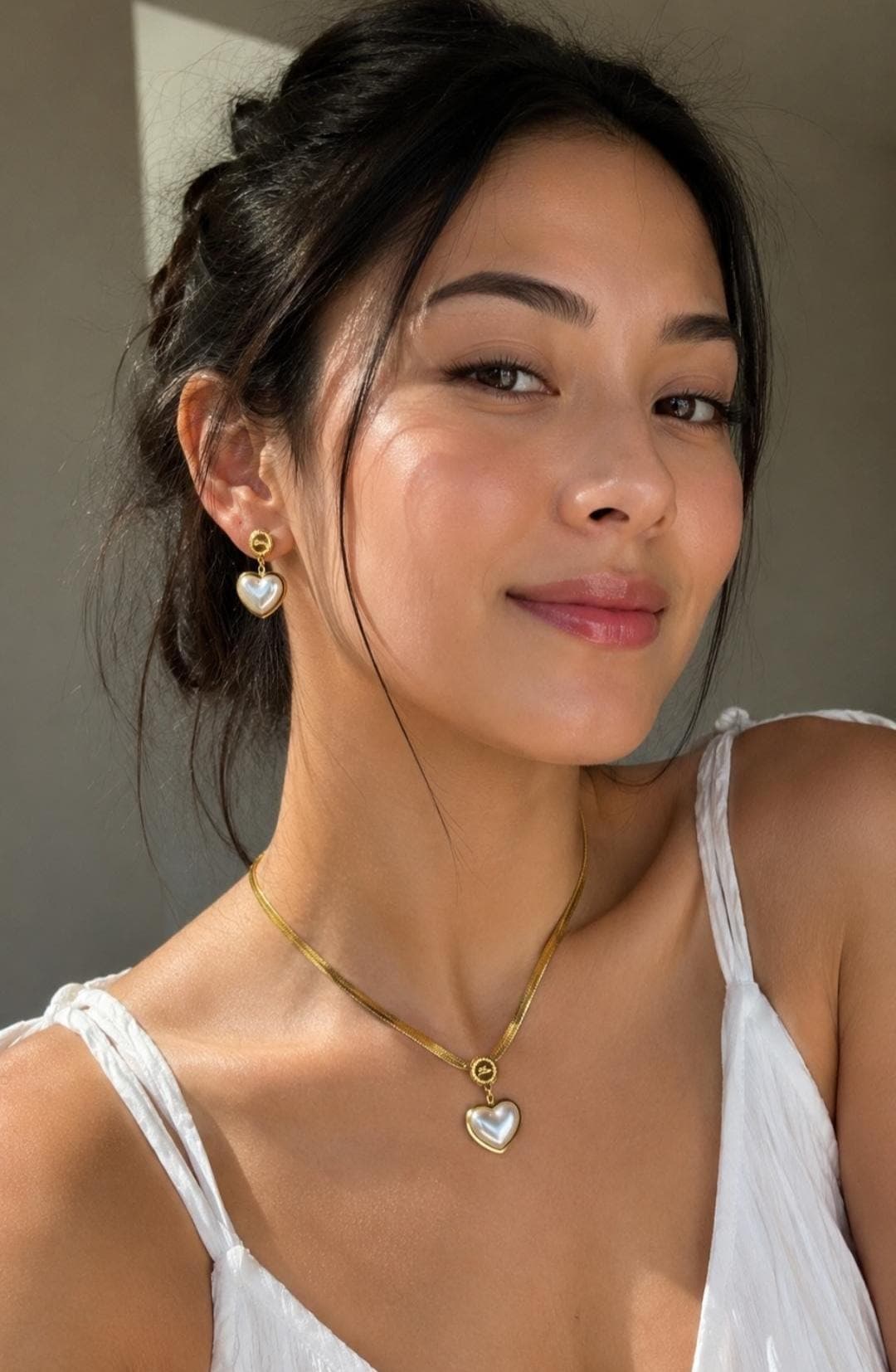 Pearl Heart Necklace Earrings Set | 18K Gold Plated Dainty Jewelry