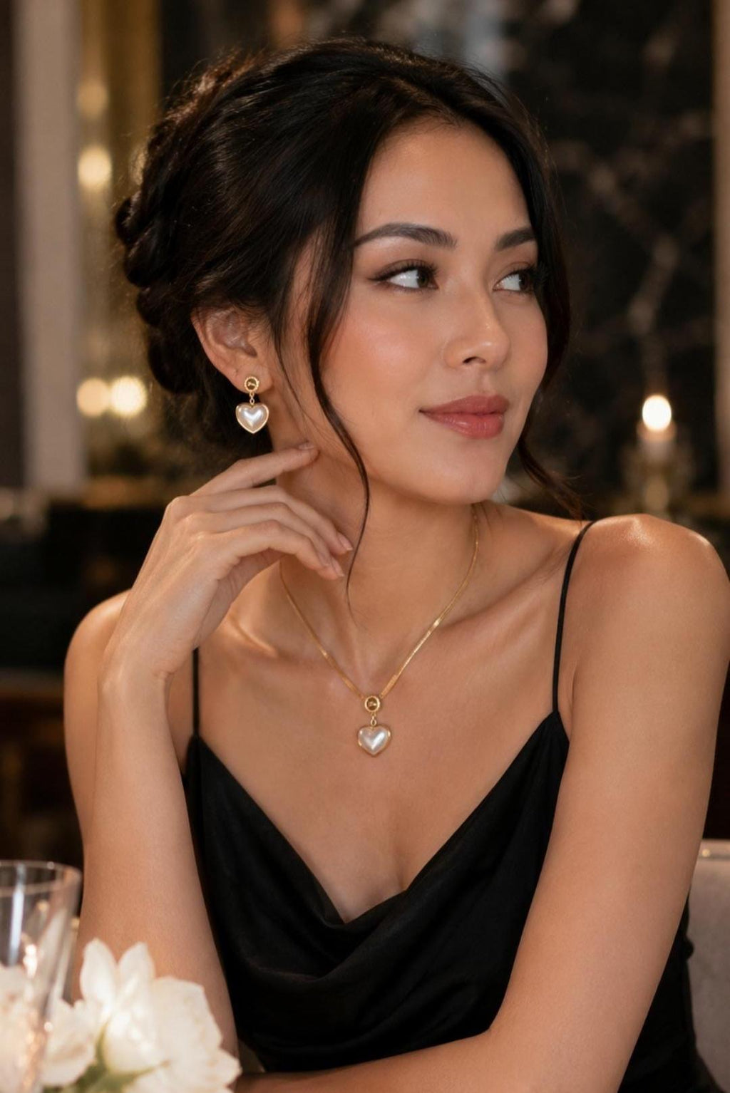 Pearl Heart Necklace Earrings Set | 18K Gold Plated Dainty Jewelry