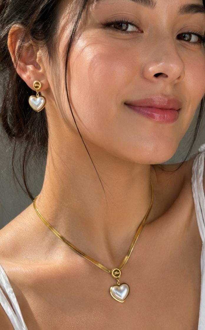 Pearl Heart Necklace Earrings Set | 18K Gold Plated Dainty Jewelry