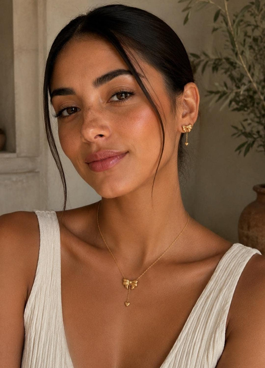 18K Gold Plated Bow Necklace Earrings Set | Stainless Steel Dainty Jewelry (Waterproof)