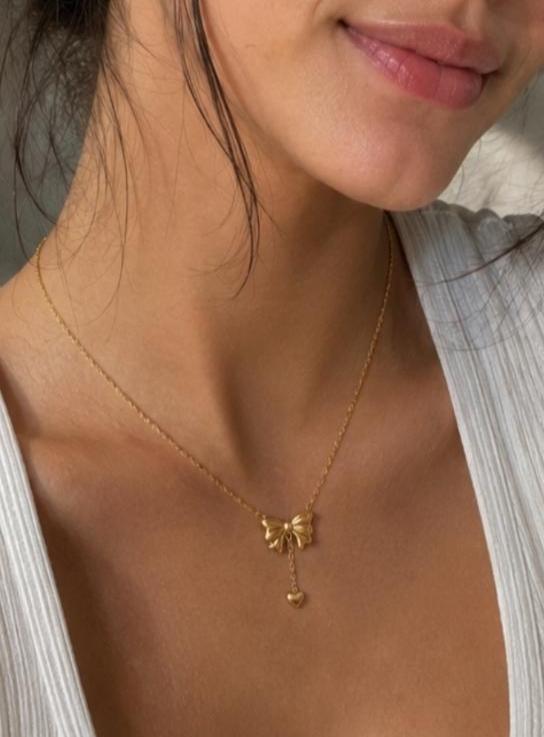 18K Gold Plated Bow Necklace Earrings Set | Stainless Steel Dainty Jewelry (Waterproof)