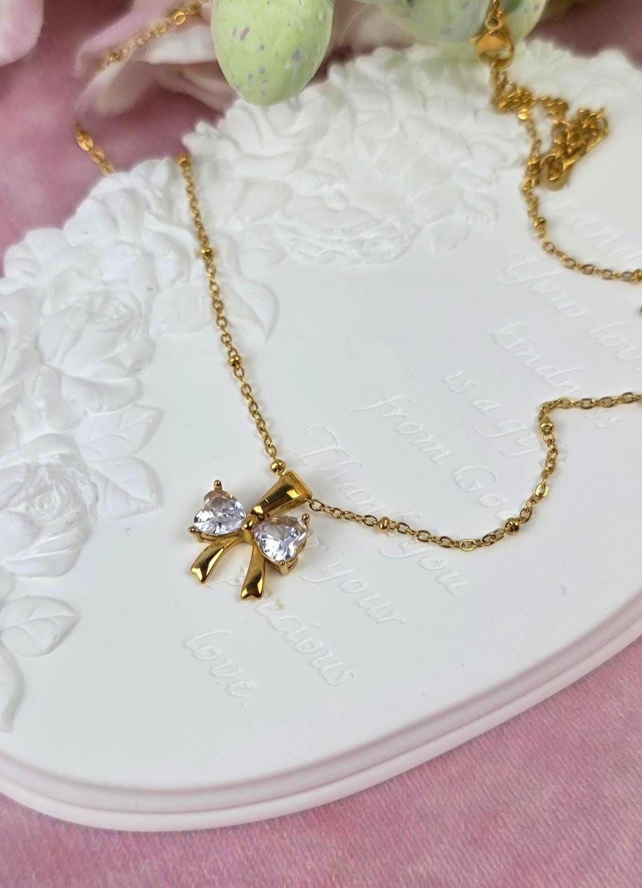 Gold Bow Necklace | Crystal Pendant, 18K Plated Stainless Steel, Dainty Coquette Jewelry
